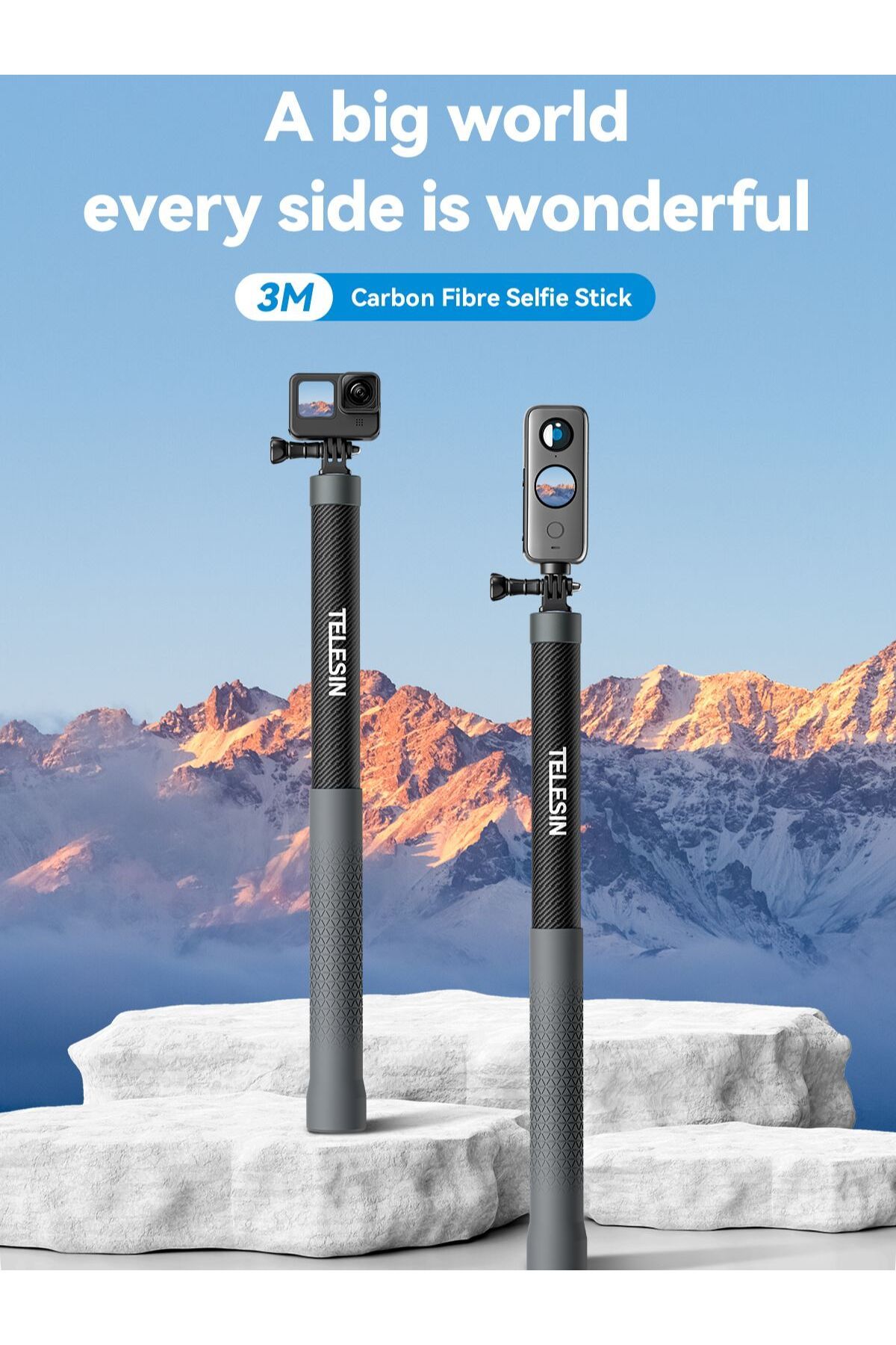 TELESIN-1.2M 3M Carbon Fiber Selfie Stick Monopod Extendable With 1/4 Screw For GoPro Insta360 Os... 8