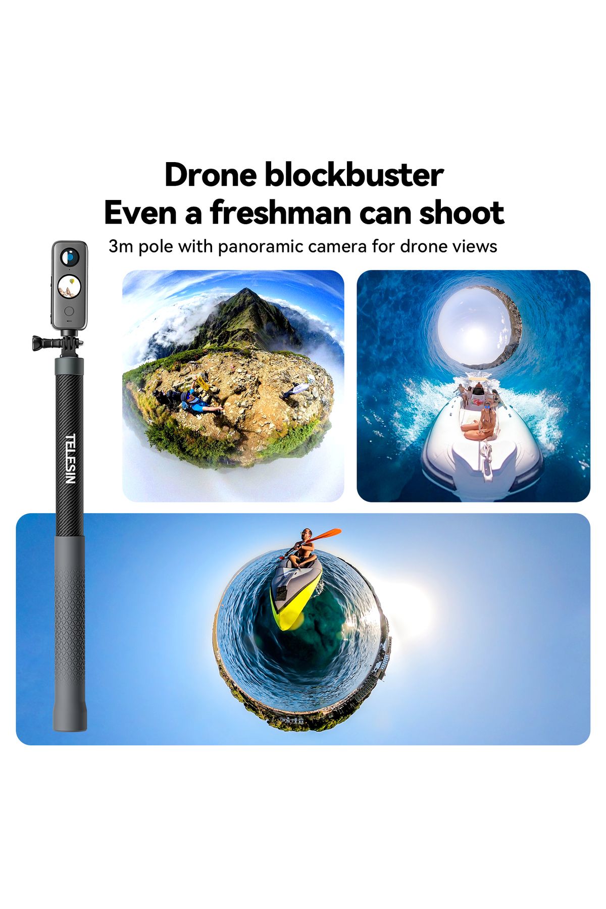 TELESIN-1.2M 3M Carbon Fiber Selfie Stick Monopod Extendable With 1/4 Screw For GoPro Insta360 Os... 5