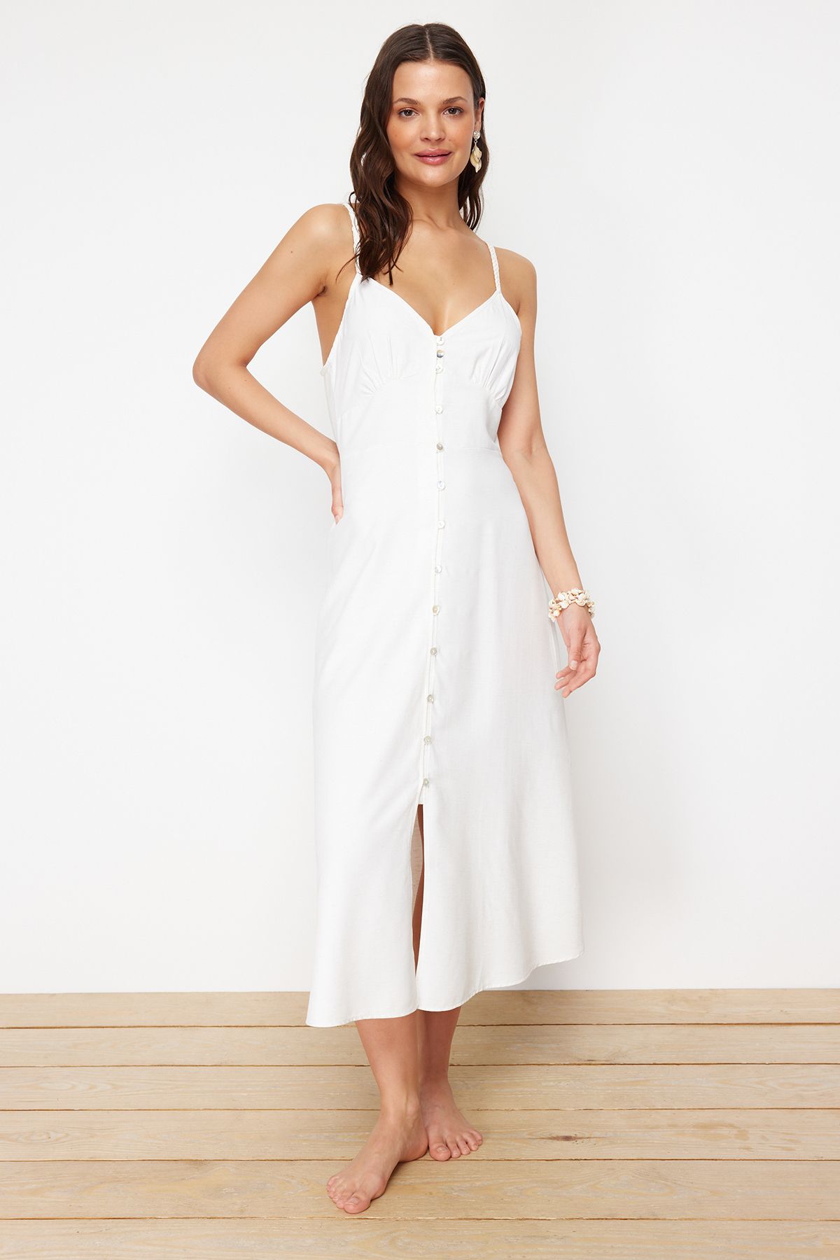 Trendyol Collection-Strandkleidung Ecru Midi-Webkleid TBESS24EL00153 3