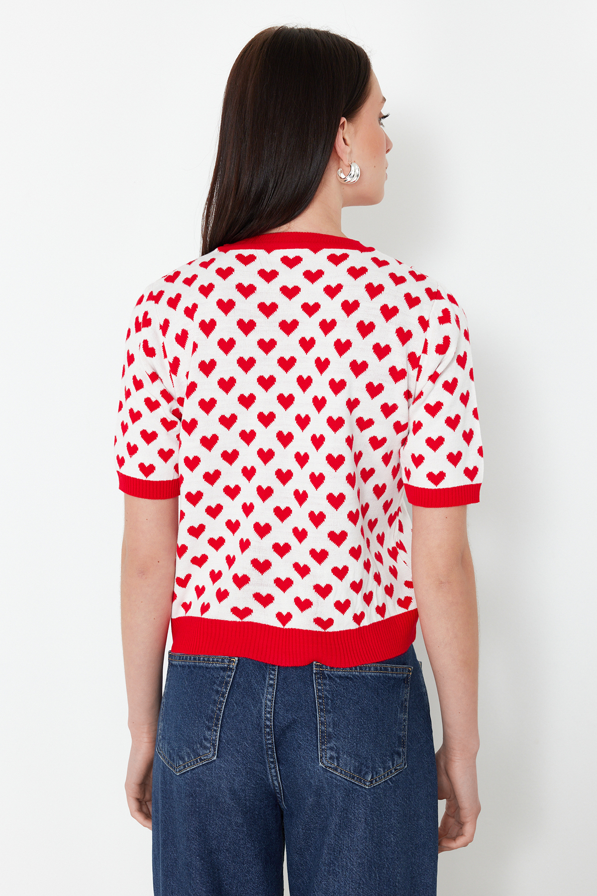 Trendyolmilla  Kırmızı Bisiklet Yaka Kalp Desenli İnce Triko Bluz TWOSS21KZ0008 - Görsel 6