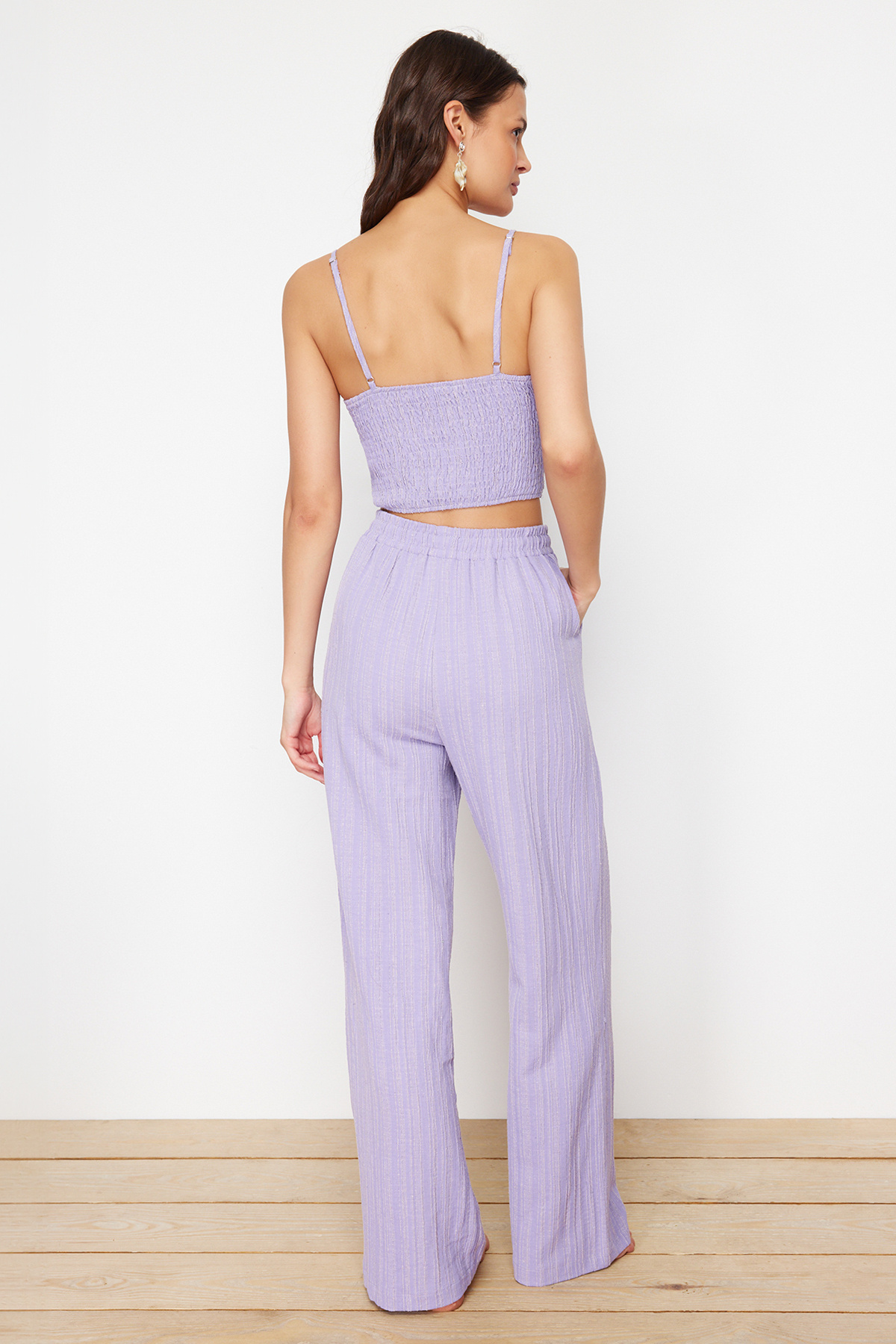 Trendyolmilla  Plaj Giyim Lila Dokuma Dokulu Bluz Pantolon Takım TBESS24AU00076 - Görsel 7