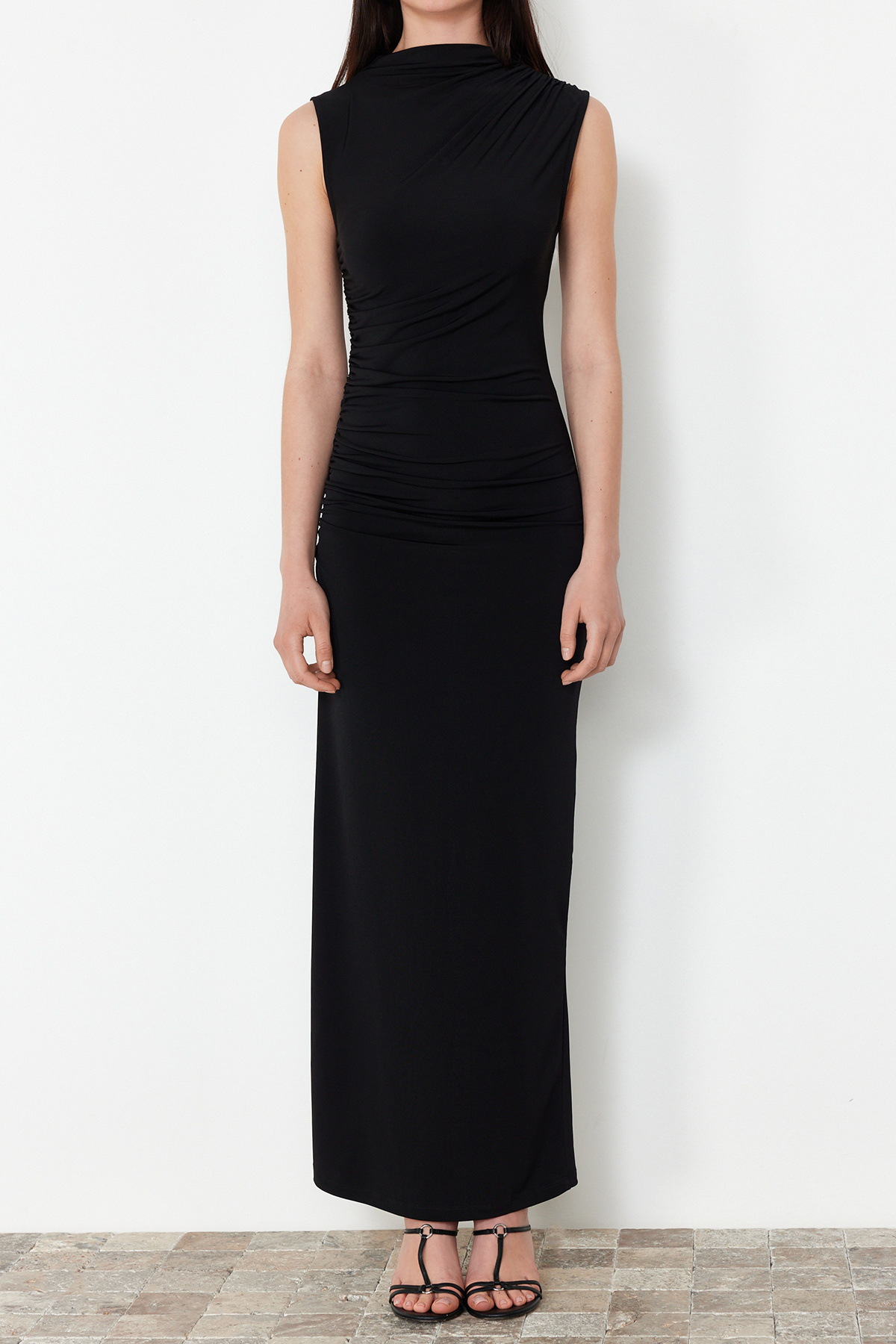 Trendyol Collection-Black Draped Fitted/Fitted Stand-up Collar Sleeveless Stretchy Knitted Maxi Pencil Dress TWOSS24EL00830 5