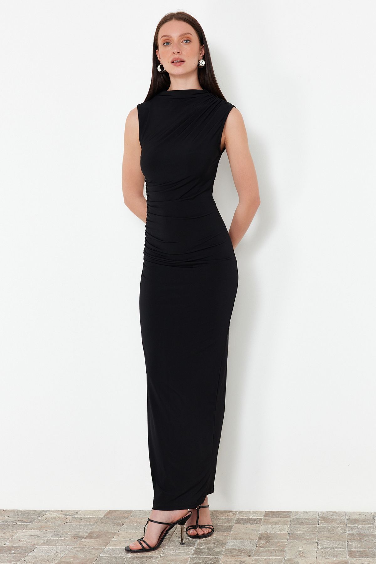 Trendyol Collection-Black Draped Fitted/Fitted Stand-up Collar Sleeveless Stretchy Knitted Maxi Pencil Dress TWOSS24EL00830 2