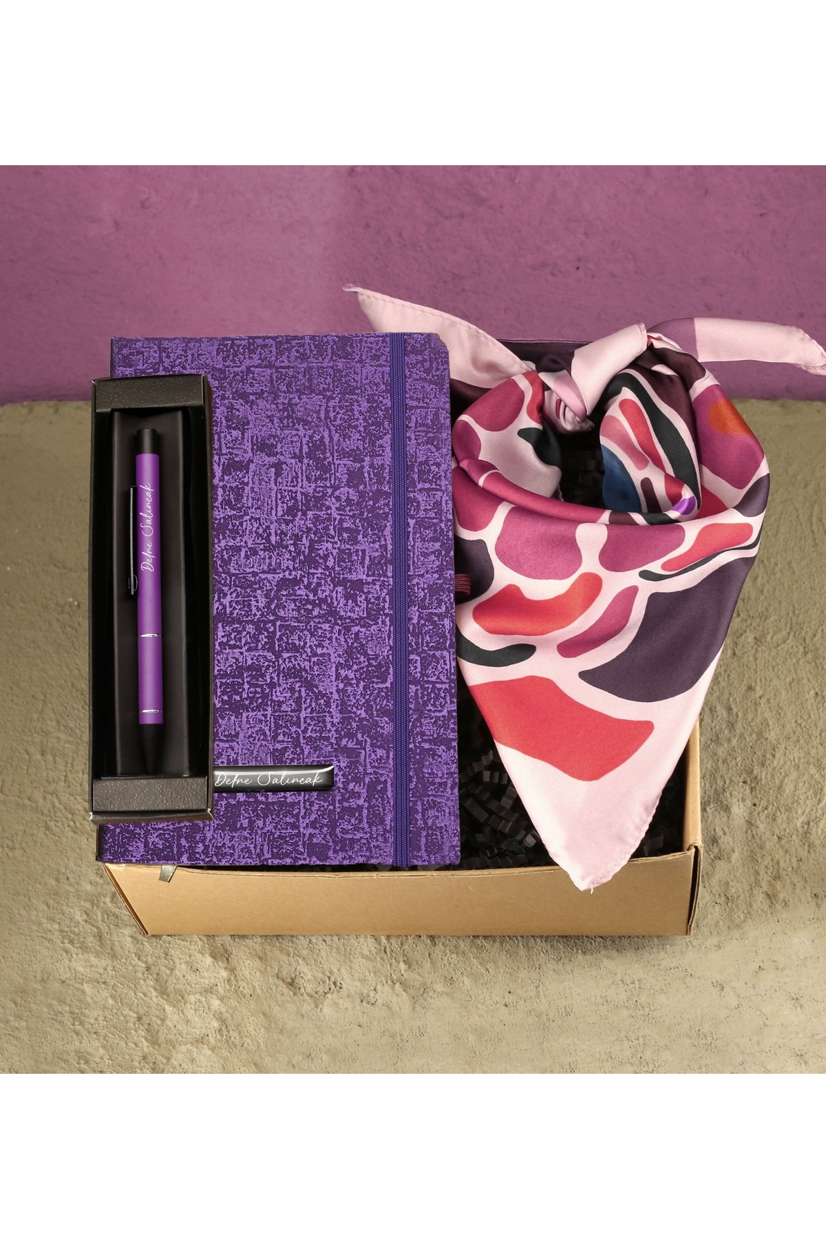 Personalized Patterned Notebook & Personalized Metal Ballpoint Pen & Colorful Scarf Gift Set