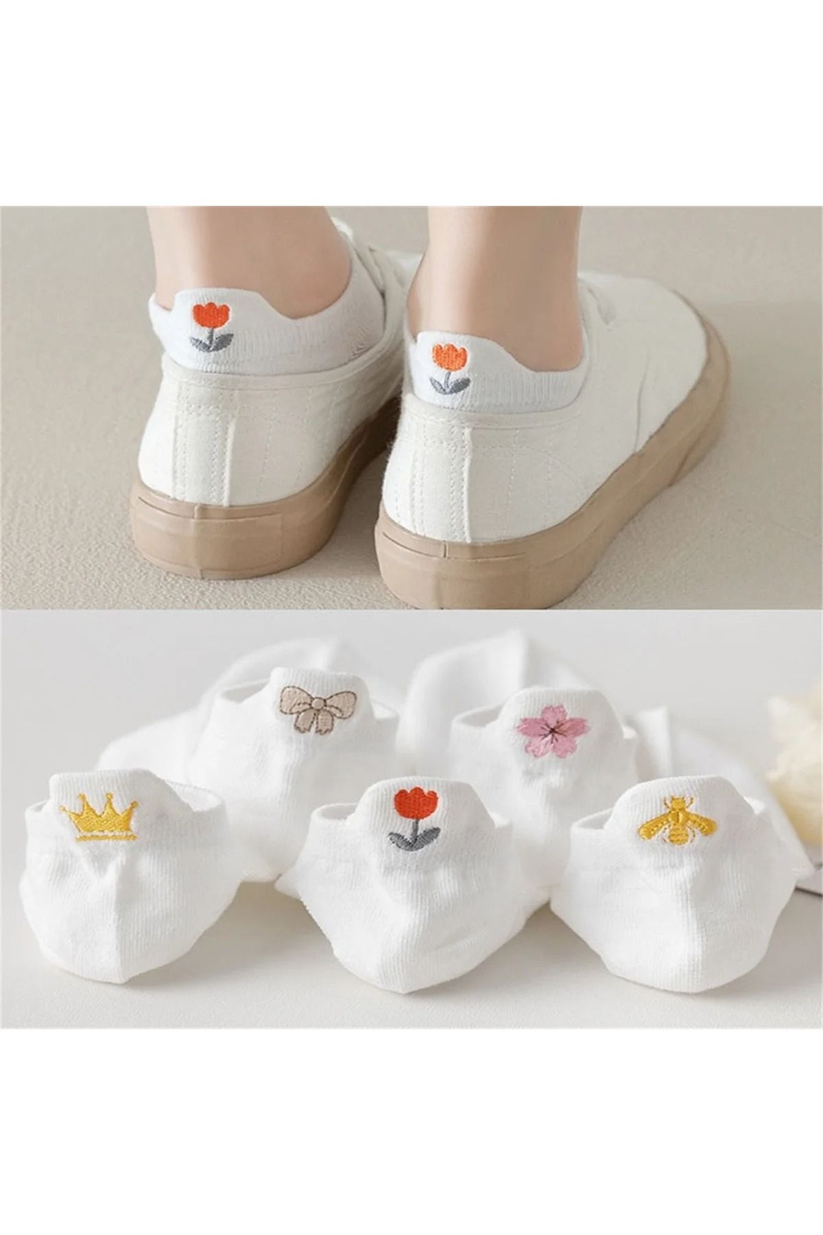 çorapmanya Kadın 5 Çift Beyaz Arı - Çiçek Desenli Sevimli Nakışlı Patik Çorap