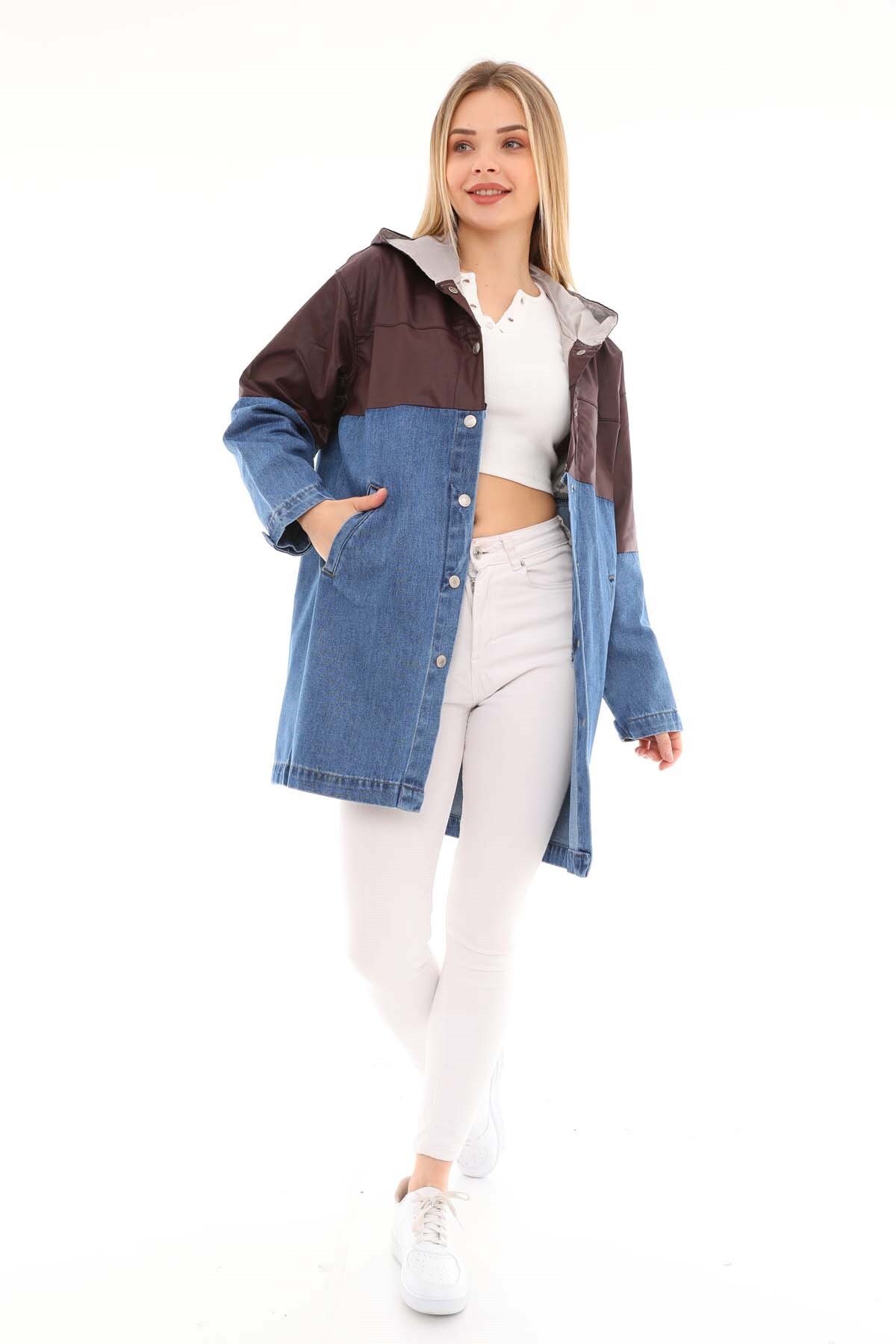 THE BARK  Kapişonlu Çift Renk Kadın Rüzgarlık 1177-1 Kahve - Görsel 5