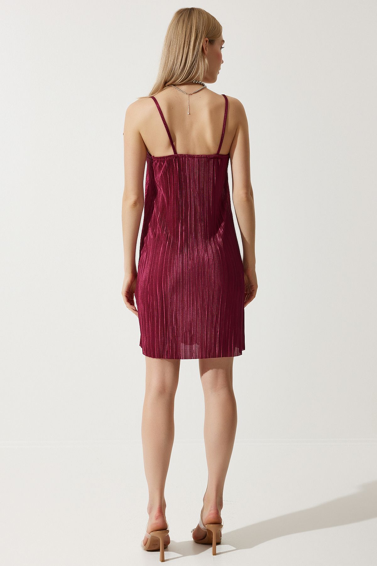 Happiness İstanbul-Rotes Plissee-Mini-Strickkleid mit Riemchen für Damen, DZ00119 5