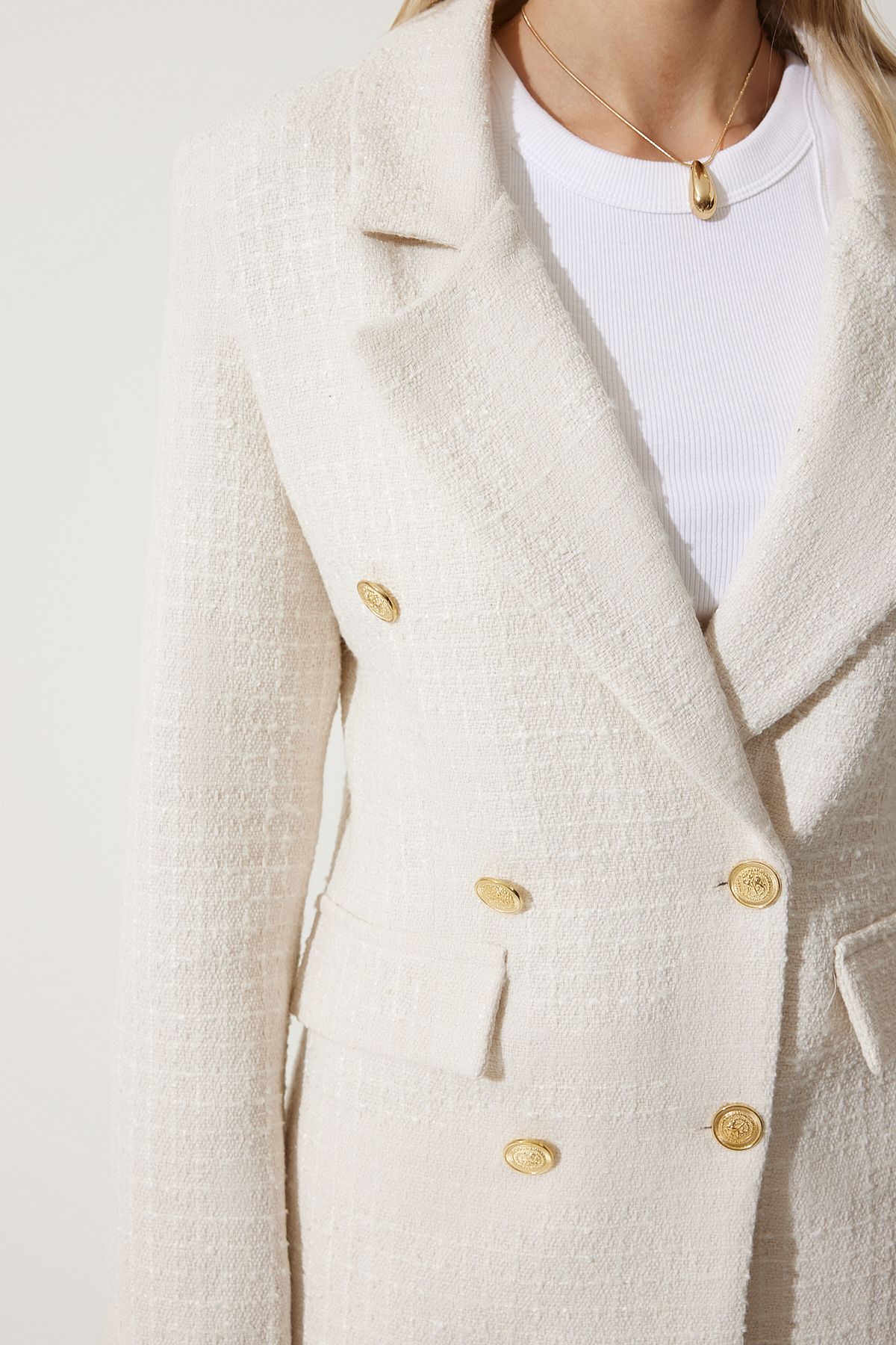 Happiness İstanbul-Damen Blazer mit Knochenknöpfen, Tweedjacke WF00004 11