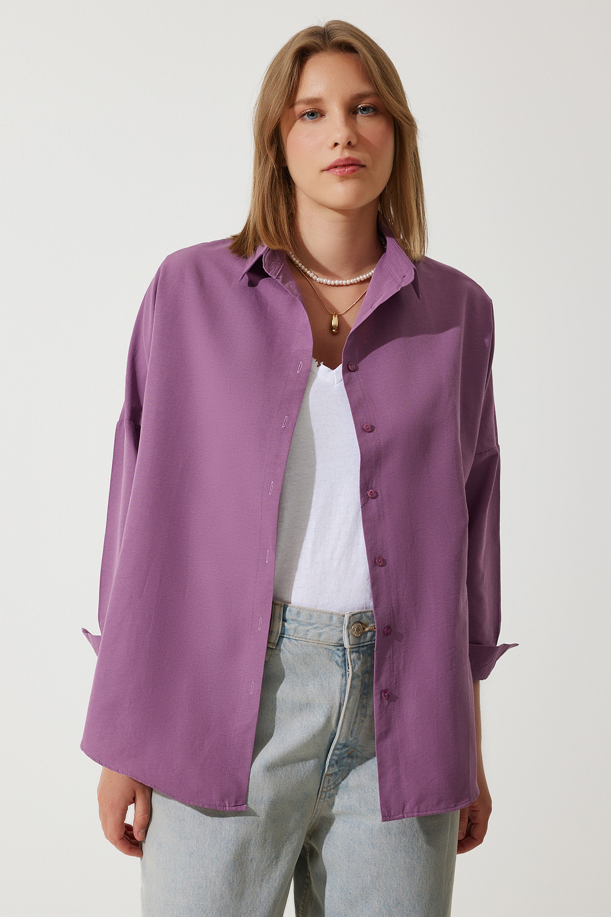 Happiness İstanbul  Kadın Koyu Lila Oversize Uzun Basic Gömlek DD00842 - Görsel 8
