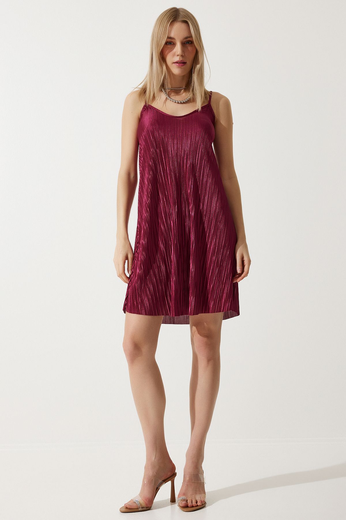 Happiness İstanbul-Rotes Plissee-Mini-Strickkleid mit Riemchen für Damen, DZ00119 3