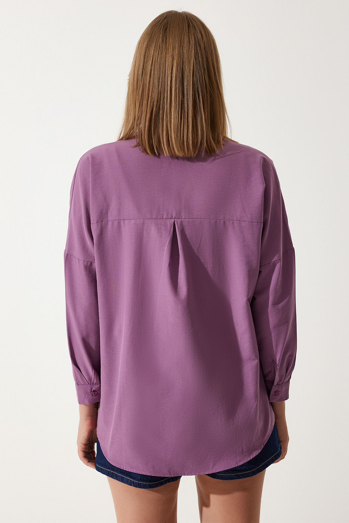 Happiness İstanbul  Kadın Koyu Lila Oversize Uzun Basic Gömlek DD00842 - Görsel 5
