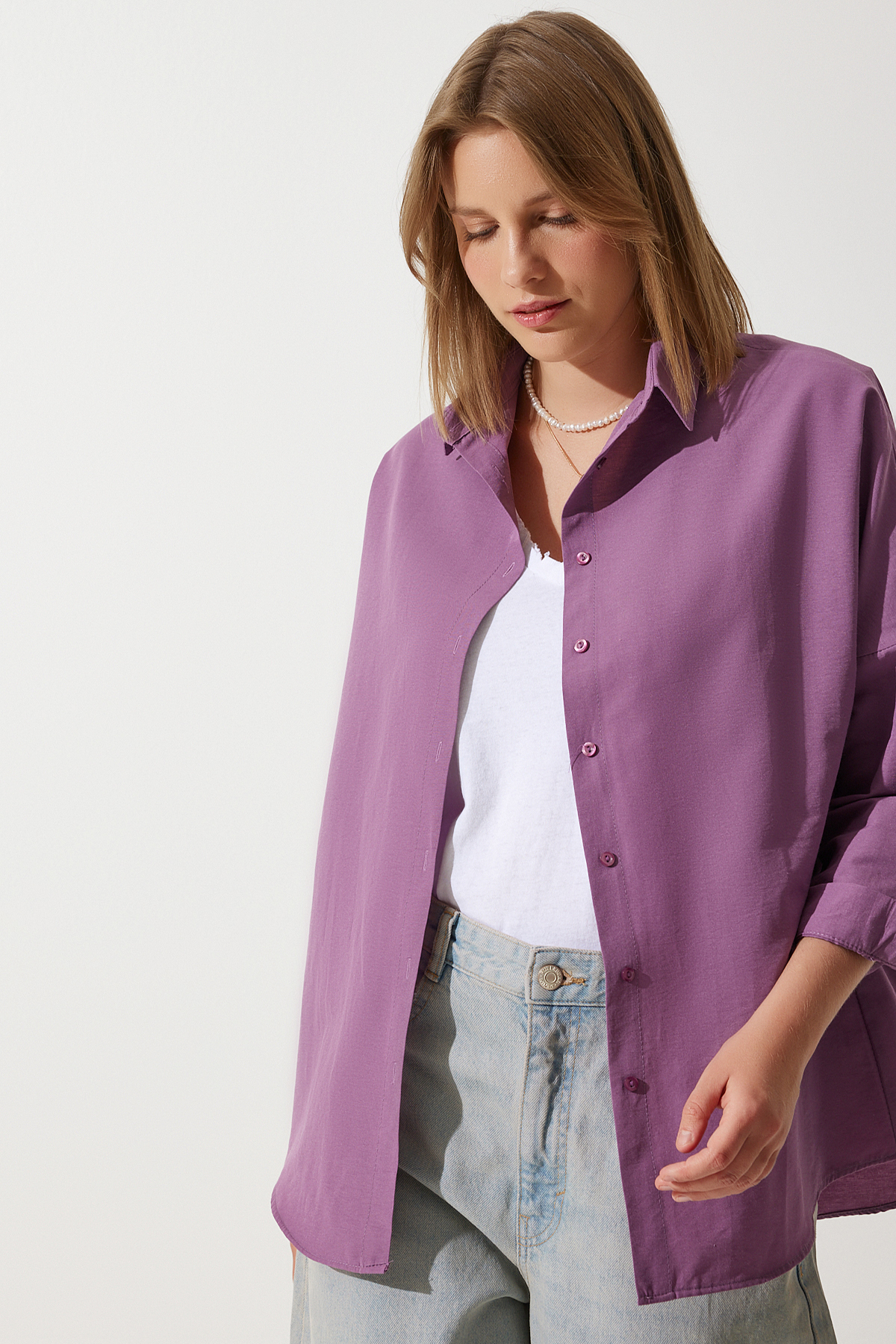 Happiness İstanbul  Kadın Koyu Lila Oversize Uzun Basic Gömlek DD00842 - Görsel 7