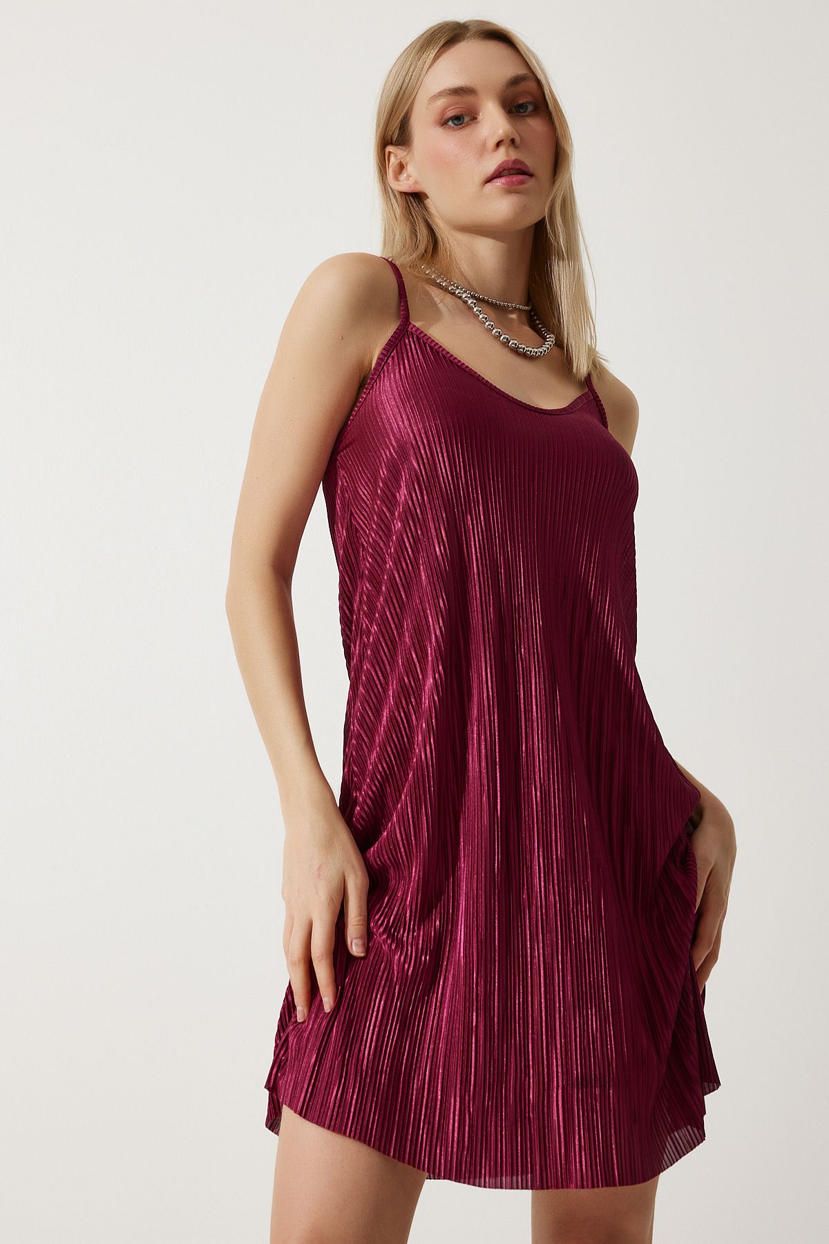 Happiness İstanbul-Rotes Plissee-Mini-Strickkleid mit Riemchen für Damen, DZ00119 2