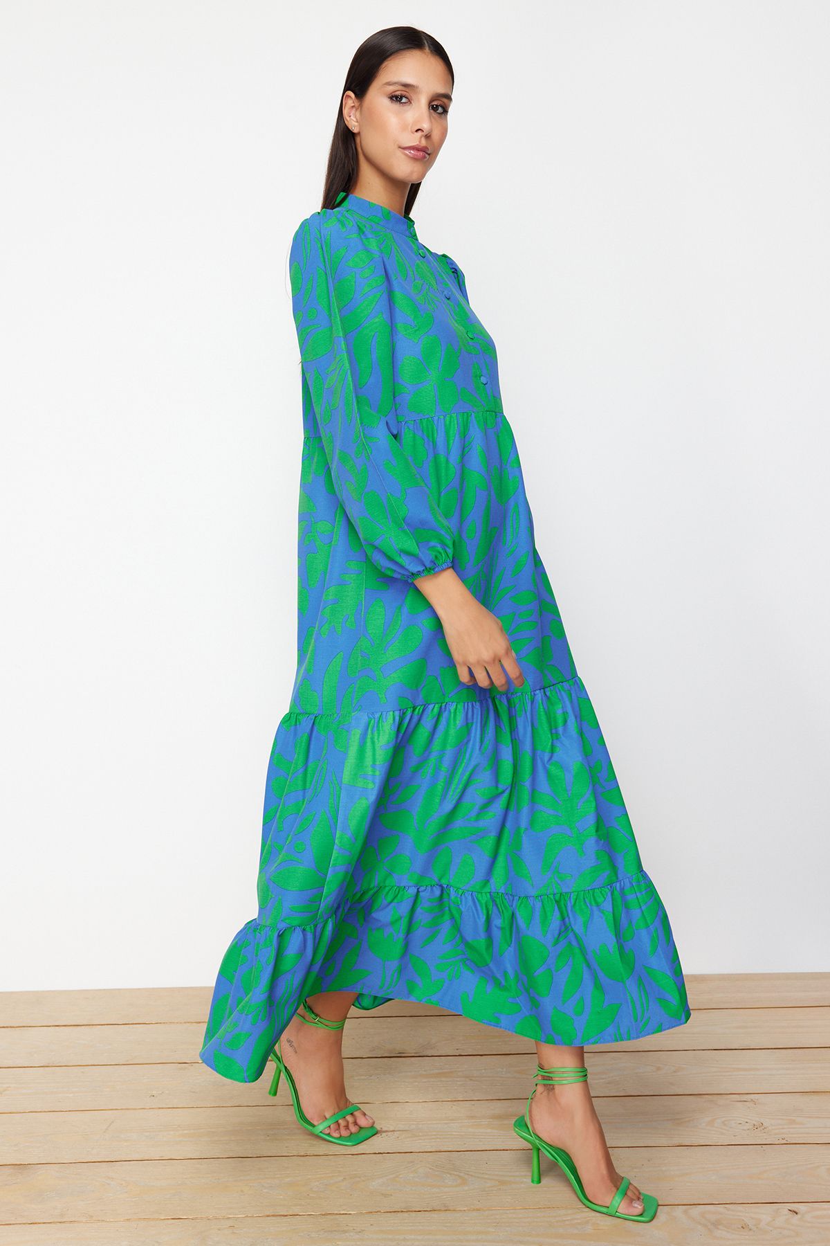 Trendyol Modest-Rochie albastră din bumbac, cu jumătate de plăcuță, cu formă largă TCTSS23EB00222 3