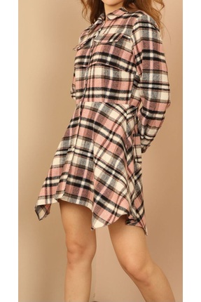 designhealer Asimetrik Kesim Ekose Gömlek Elbise