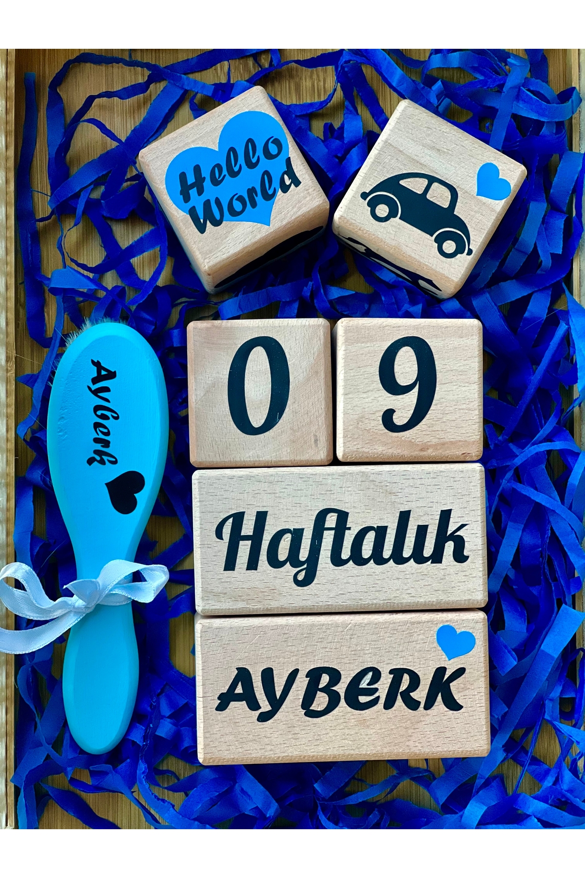 Mavi kalpli siyah yazılı anne bebek anı küpü seti bebek hediyelik çekim dekor aksesuarı