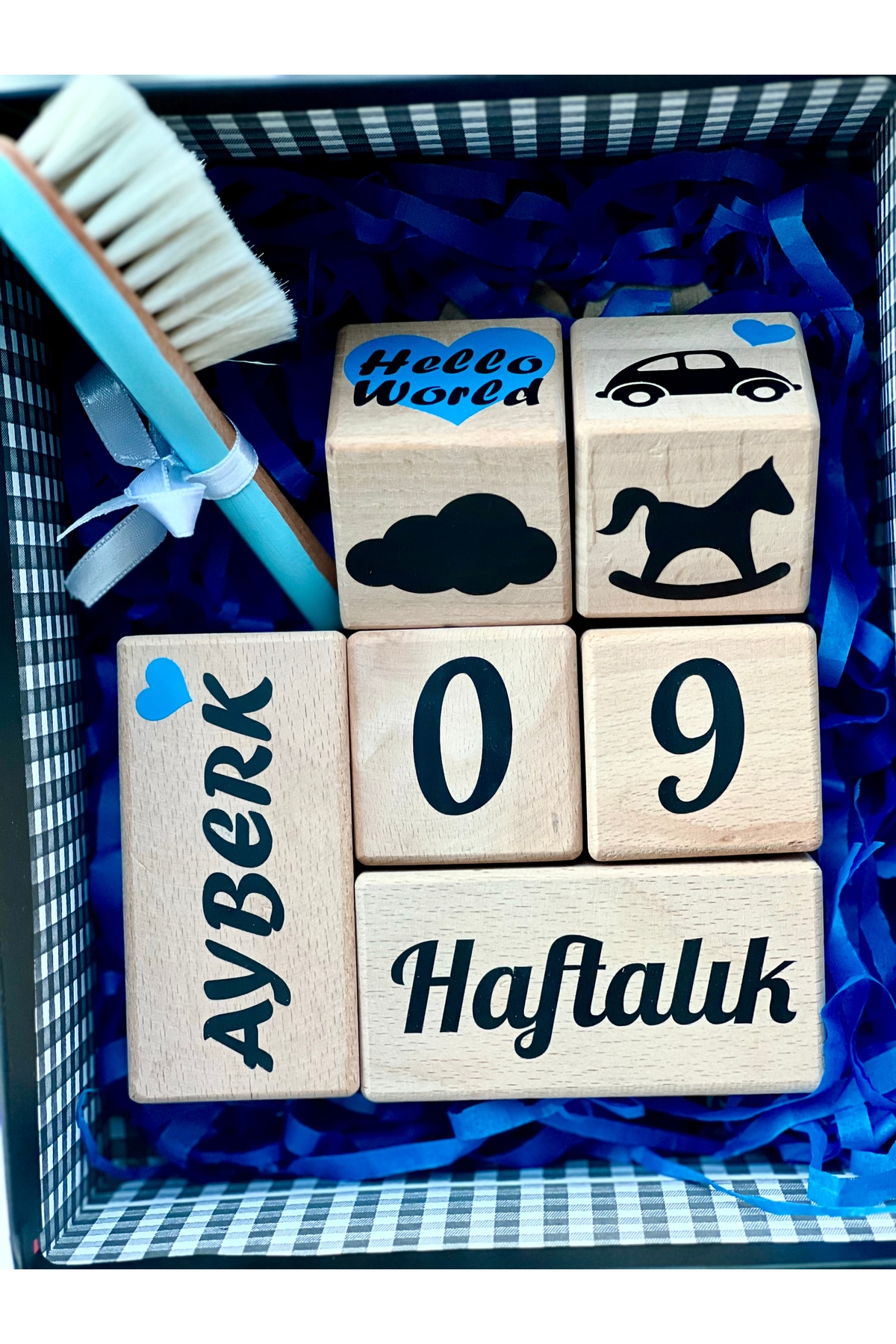 Mavi kalpli siyah yazılı anne bebek anı küpü seti bebek hediyelik çekim dekor aksesuarı
