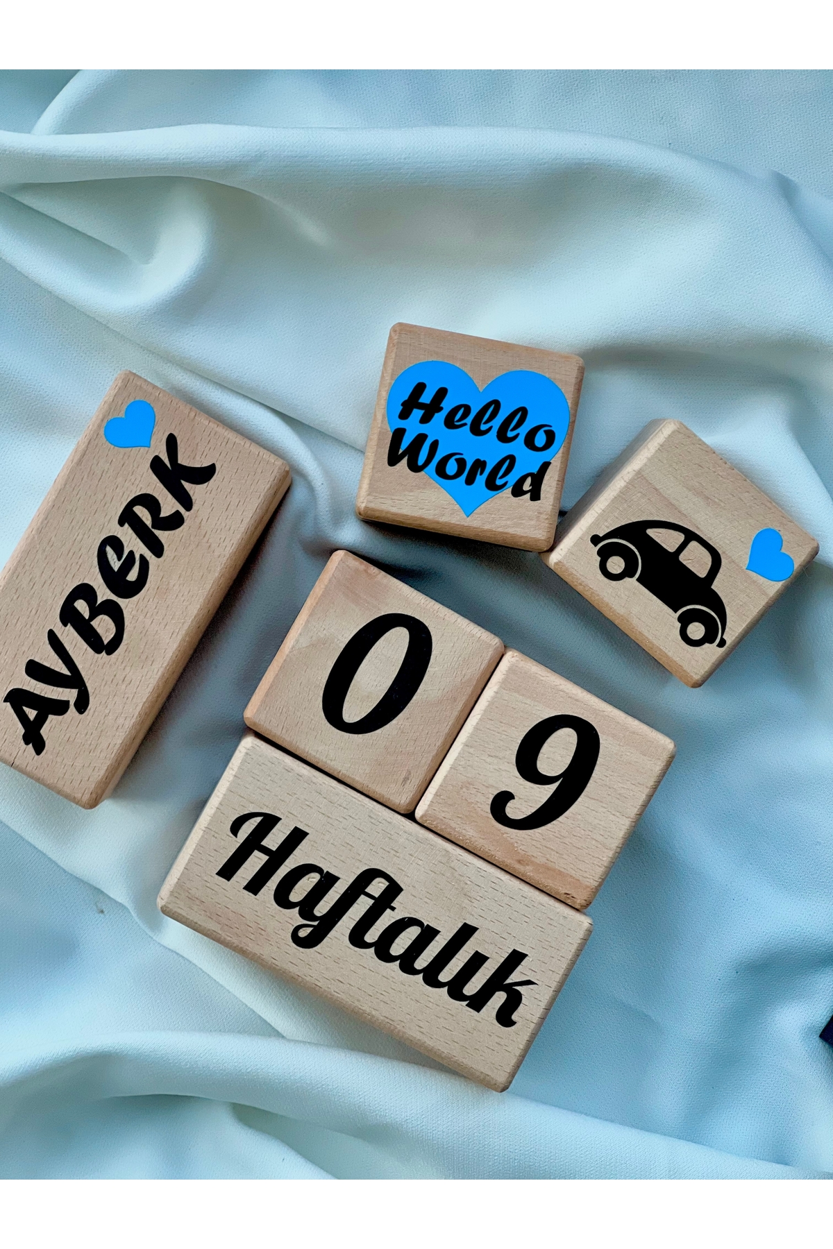 Mavi kalpli siyah yazılı anne bebek anı küpü seti bebek hediyelik çekim dekor aksesuarı