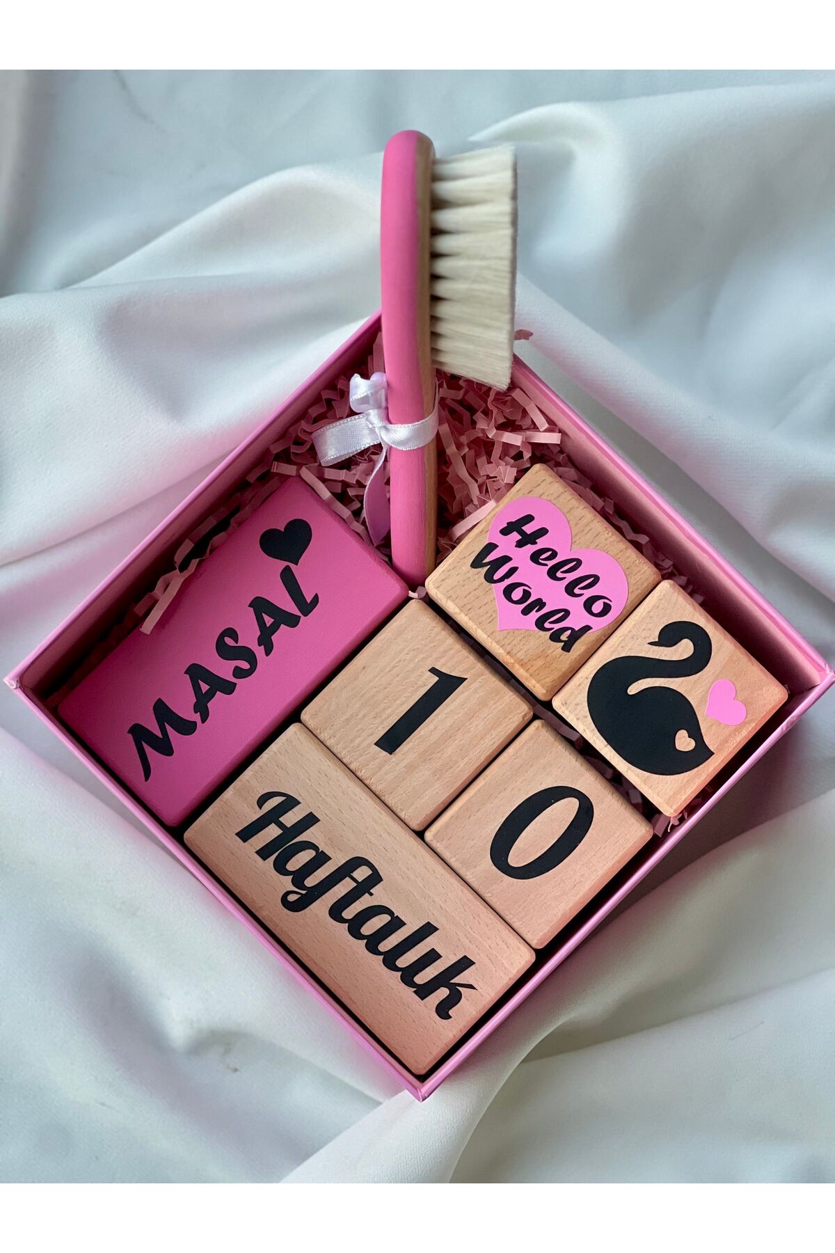 Pembe  kalpli siyah yazılı Anne bebek anı küpü bebek çekim aksesuarı hello world