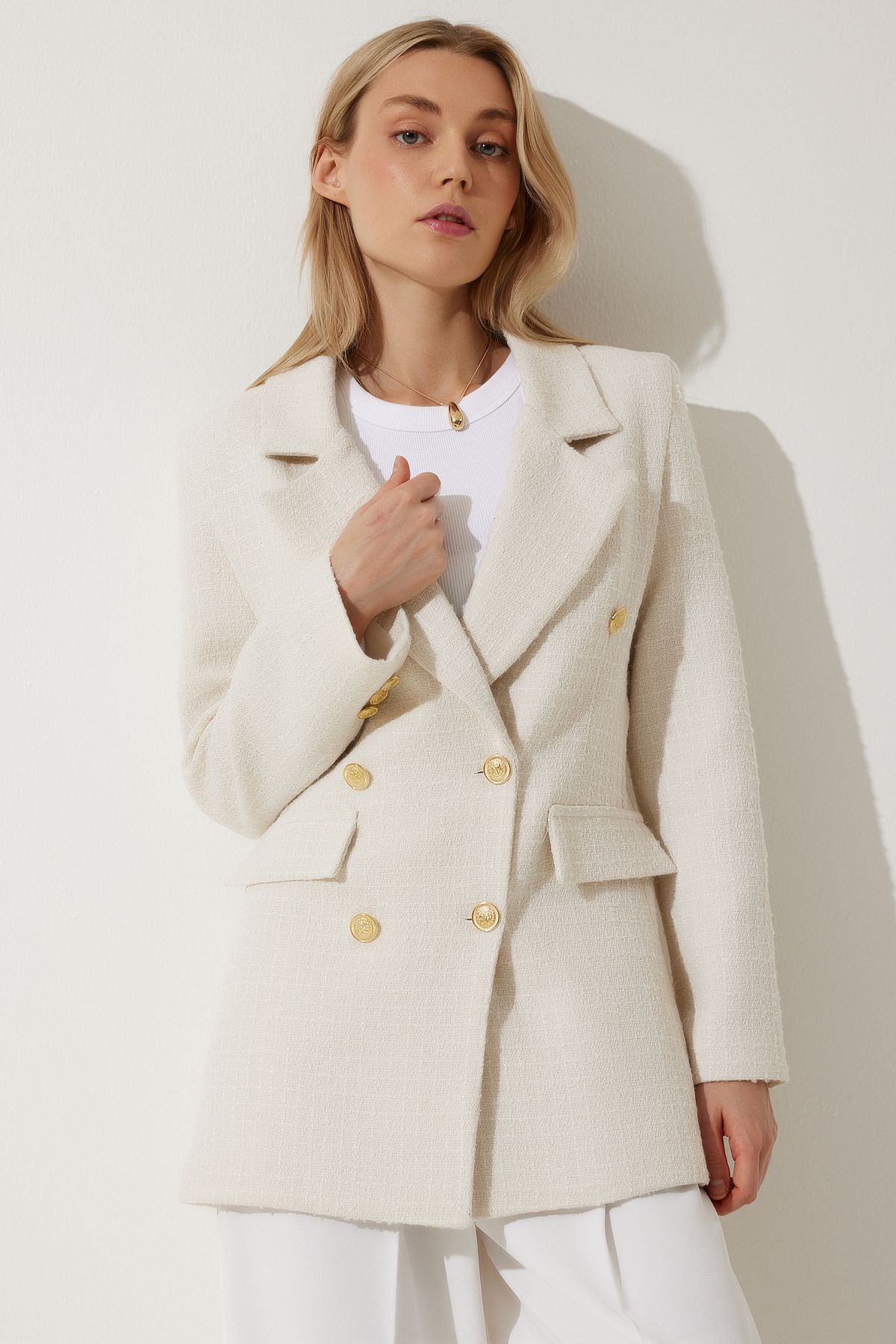 Happiness İstanbul-Damen Blazer mit Knochenknöpfen, Tweedjacke WF00004 8