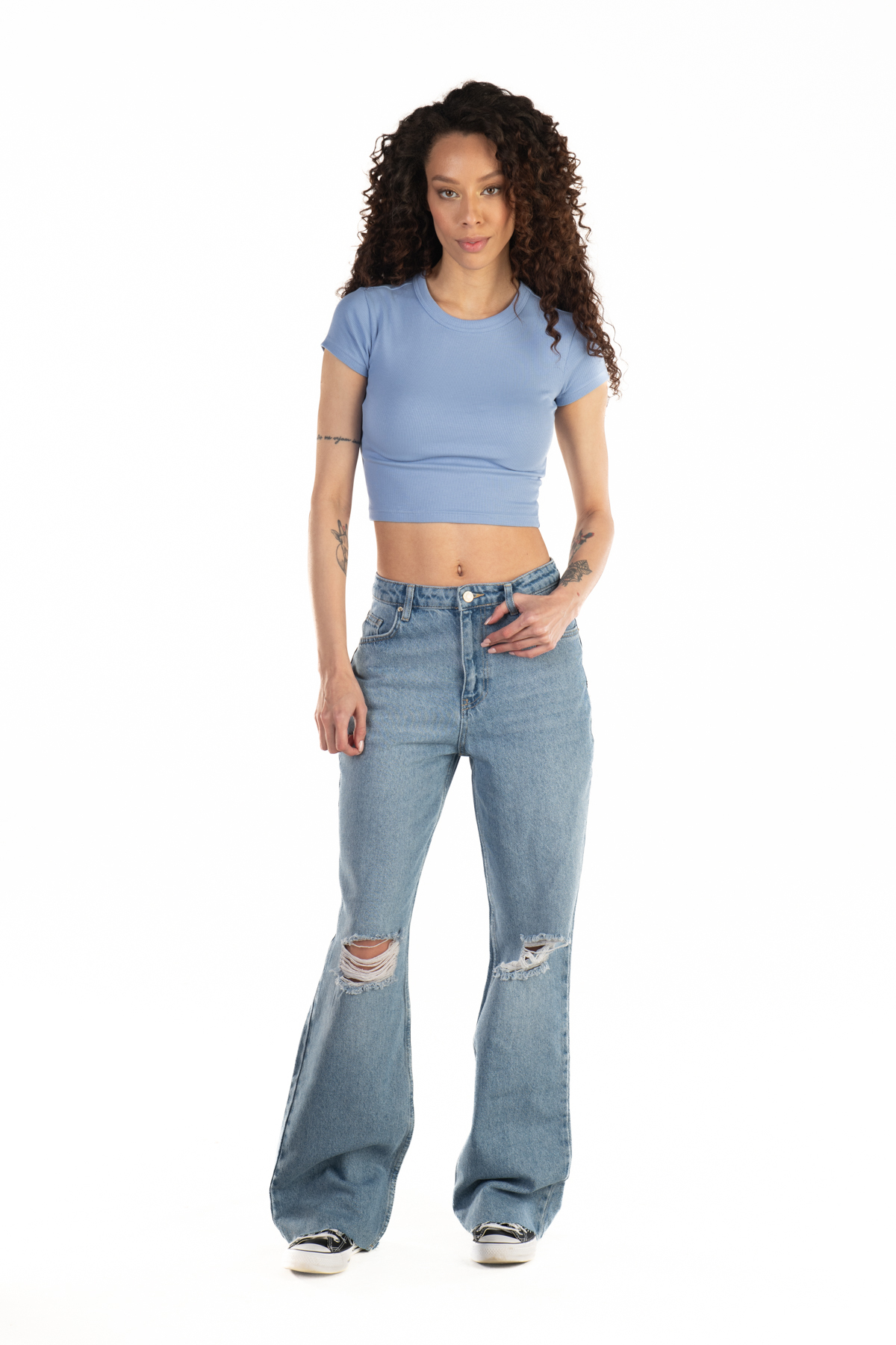 Women's Blue Ripped Wideleg Jeans NOV24JE0006