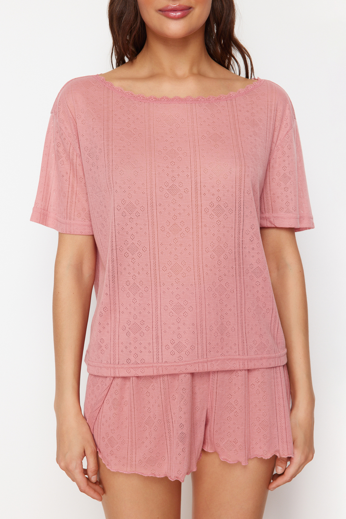 Trendyolmilla  Çok Renkli 2'li Paket Pointel Ajurlu/Delikli Örme Pijama Üstü THMSS24PT00276 - Görsel 5