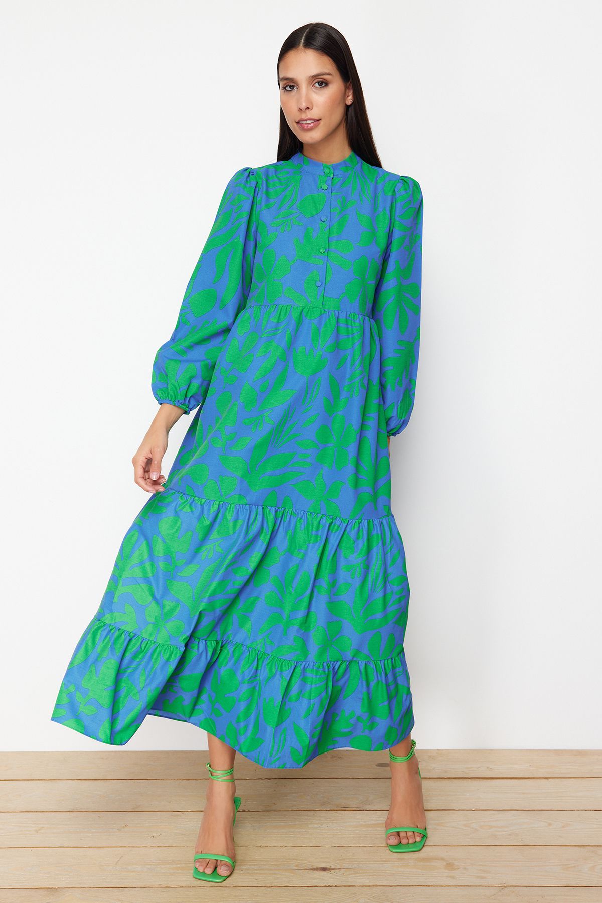 Trendyol Modest-Rochie albastră din bumbac, cu jumătate de plăcuță, cu formă largă TCTSS23EB00222 1