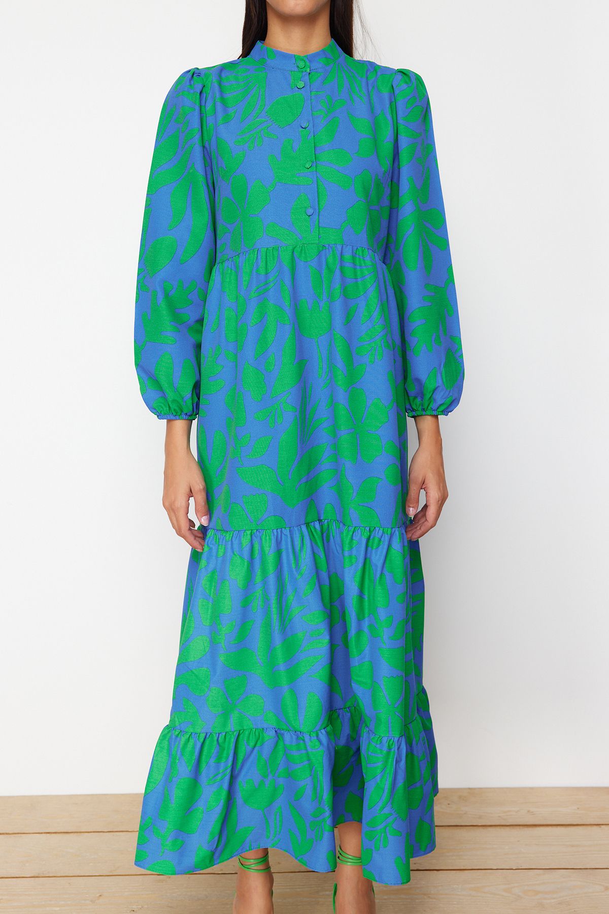 Trendyol Modest-Rochie albastră din bumbac, cu jumătate de plăcuță, cu formă largă TCTSS23EB00222 4