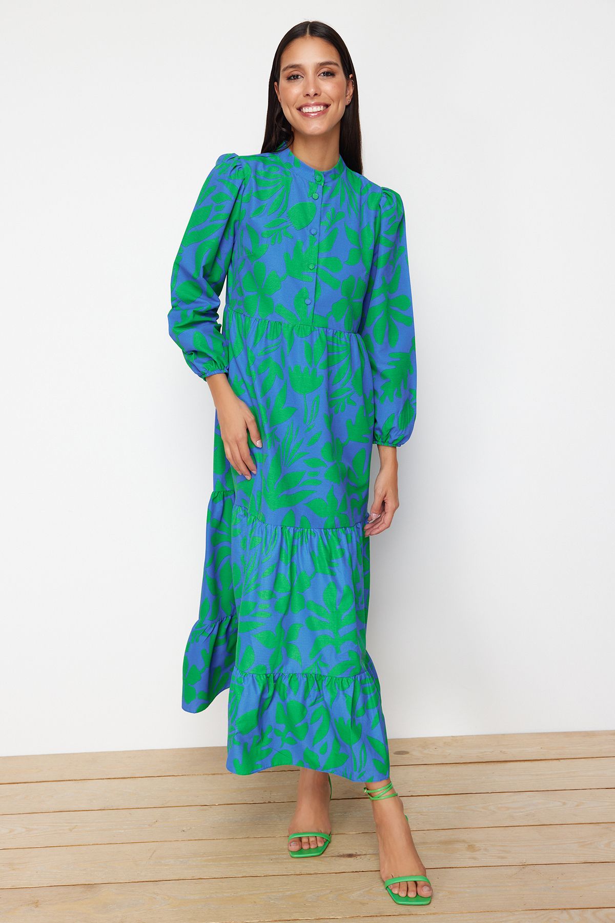Trendyol Modest-Rochie albastră din bumbac, cu jumătate de plăcuță, cu formă largă TCTSS23EB00222 2