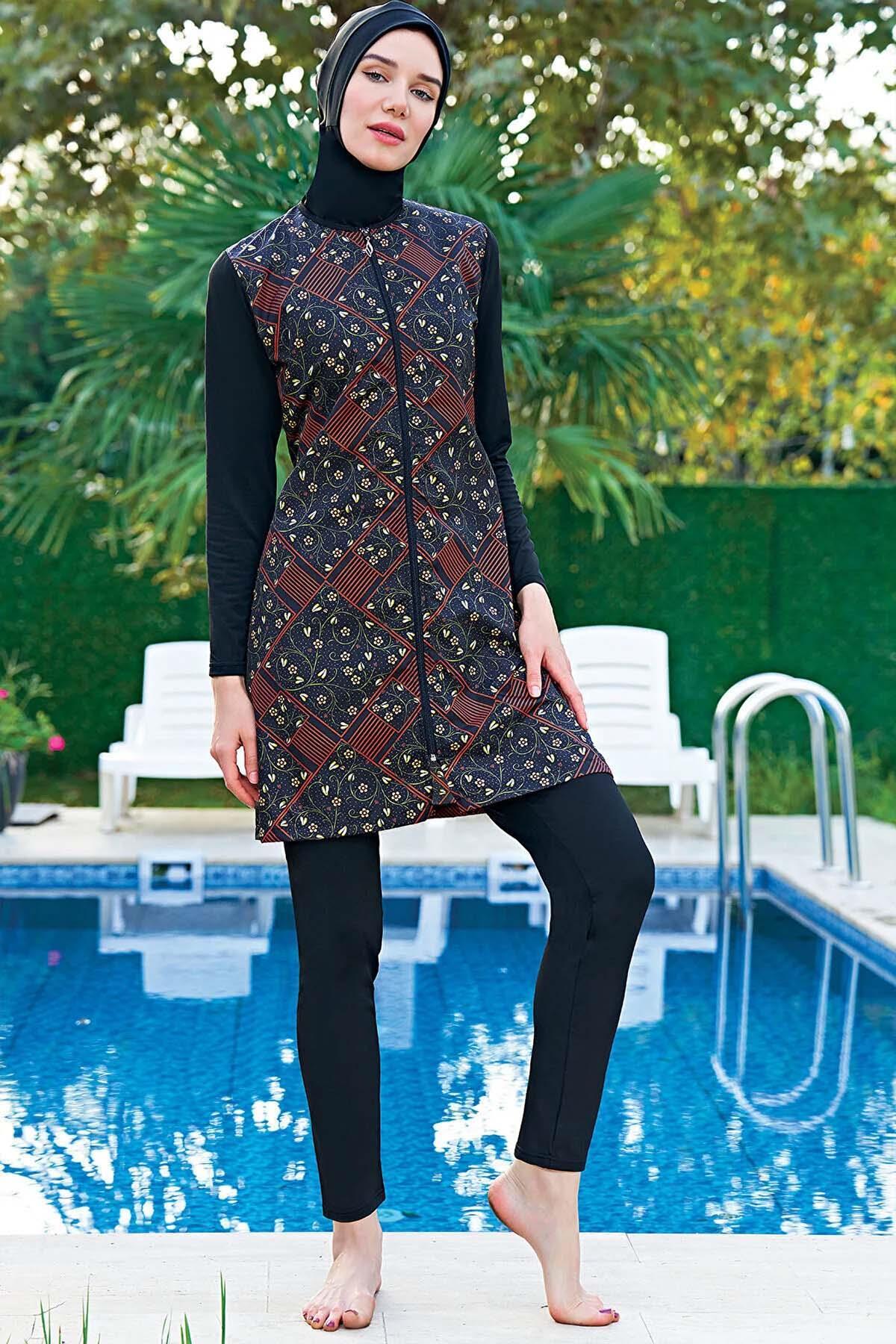 Women's Plus Size Parachute Zippered Black Full Hijab Swimsuit C5T5N4O2