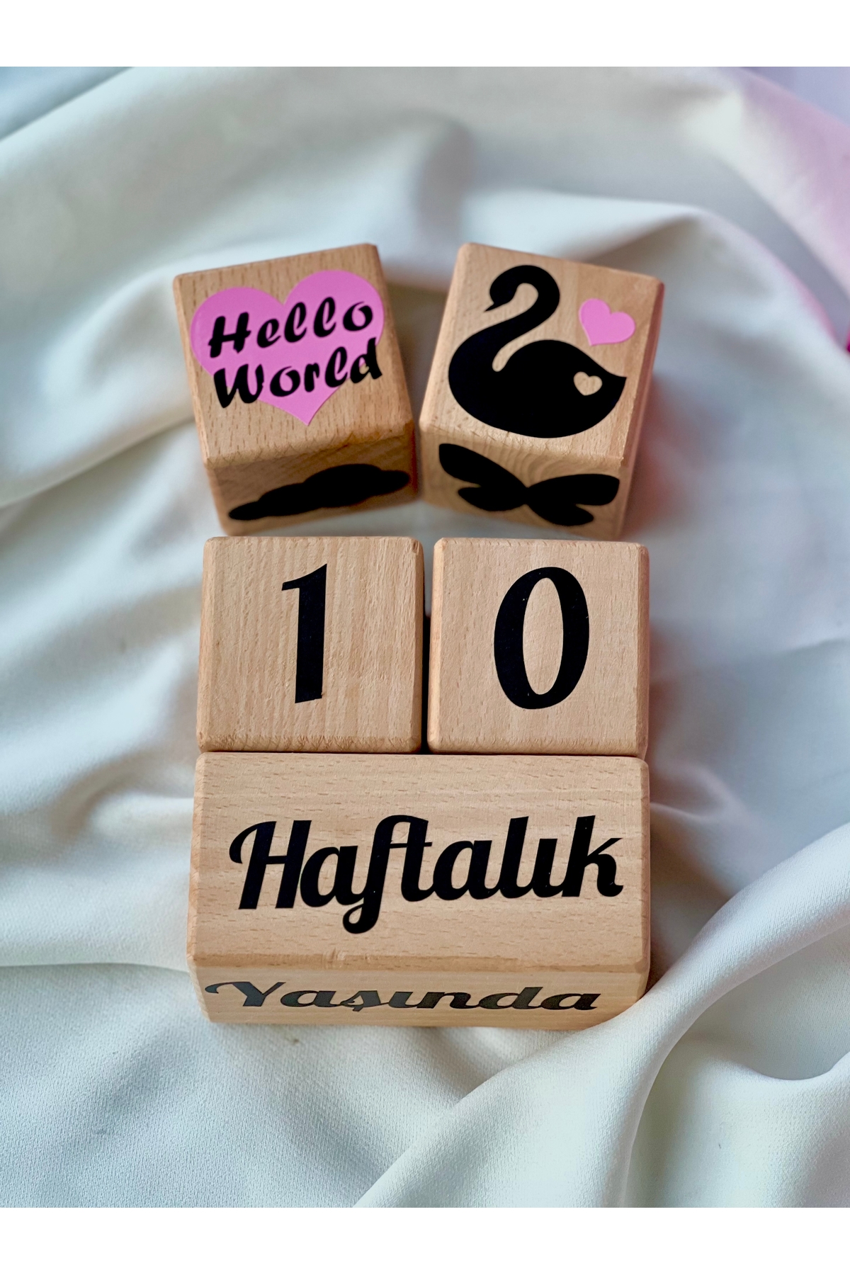 Pembe  kalpli siyah yazılı Anne bebek anı küpü bebek çekim aksesuarı hello world