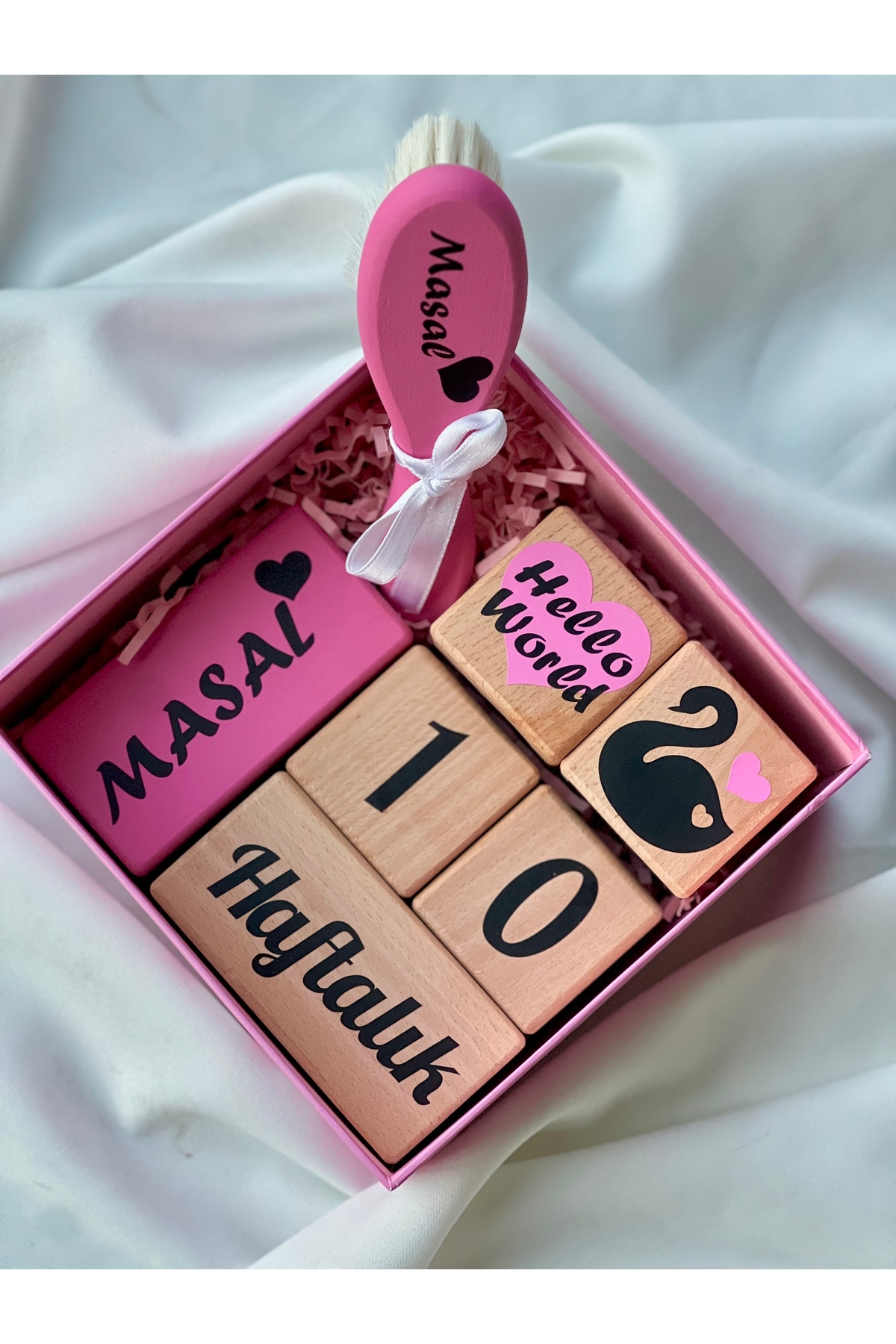 Pembe  kalpli siyah yazılı Anne bebek anı küpü bebek çekim aksesuarı hello world