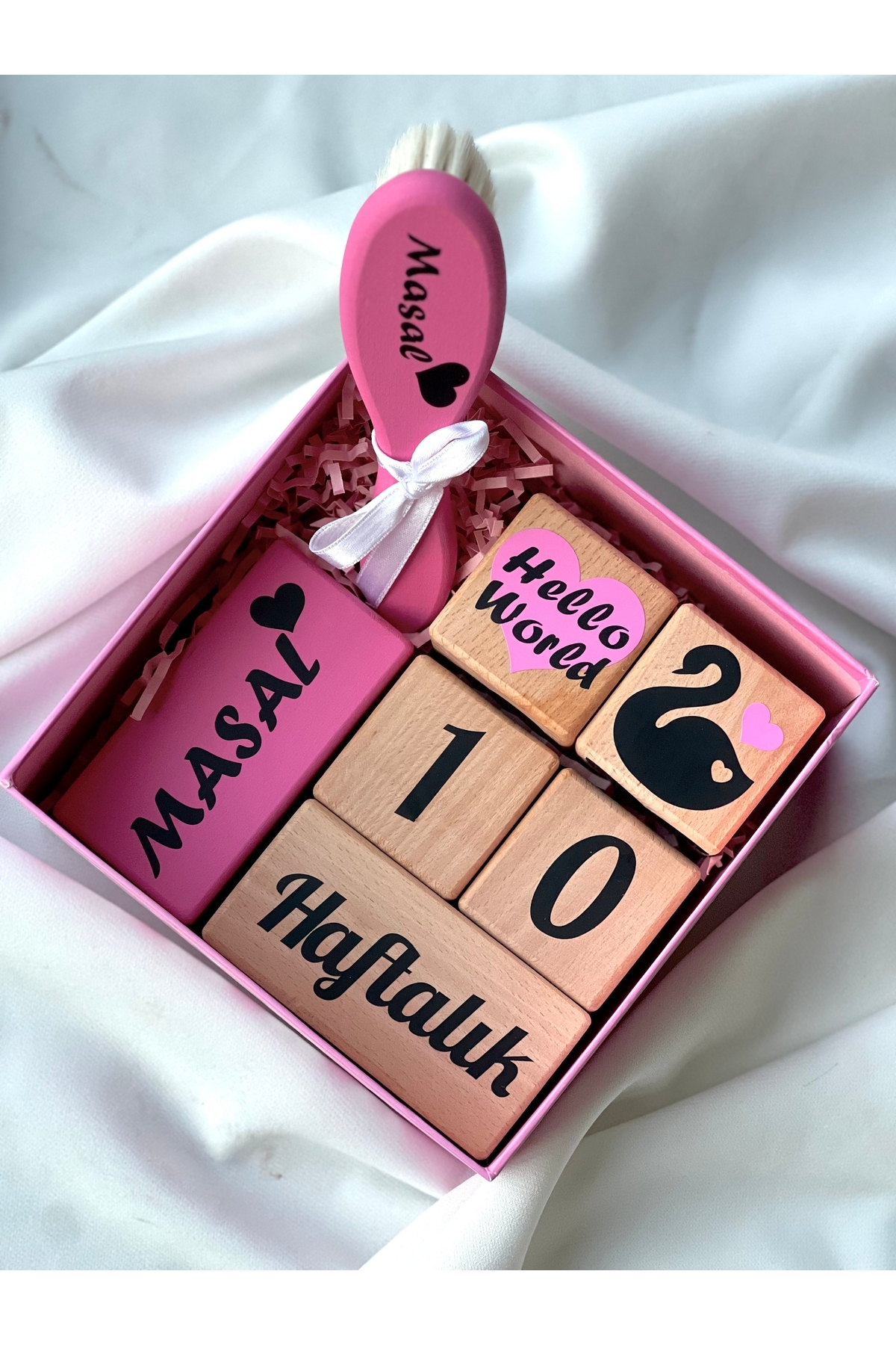 Pembe  kalpli siyah yazılı Anne bebek anı küpü bebek çekim aksesuarı hello world