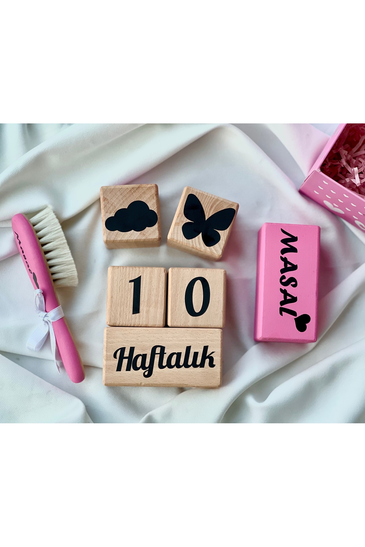 Pembe  kalpli siyah yazılı Anne bebek anı küpü bebek çekim aksesuarı hello world