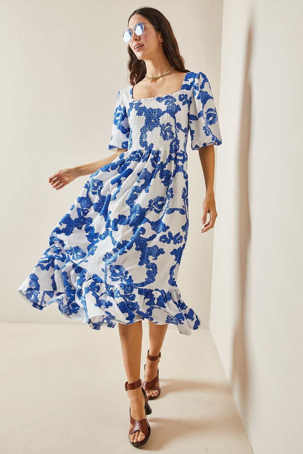 XHAN-Blaues gemustertes Gipe-Detailrock-Rüschen-Strickkleid 5YXK6-48509-12 3