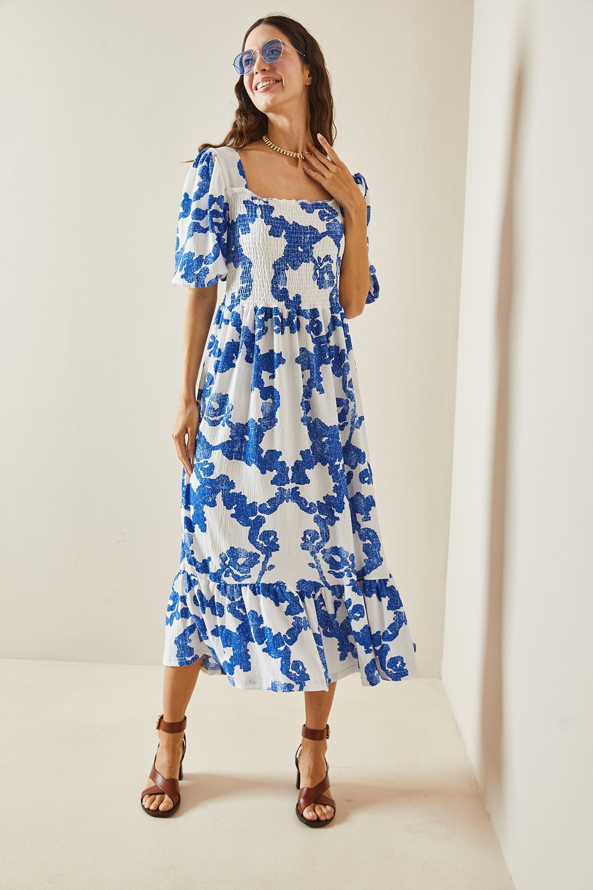 XHAN-Blaues gemustertes Gipe-Detailrock-Rüschen-Strickkleid 5YXK6-48509-12 4