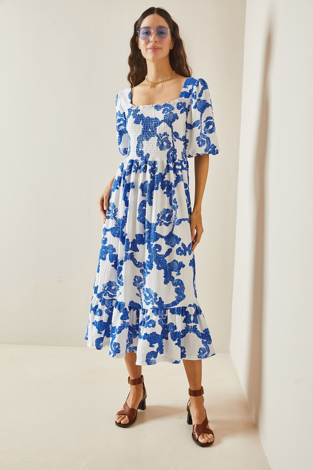 XHAN-Blaues gemustertes Gipe-Detailrock-Rüschen-Strickkleid 5YXK6-48509-12 2