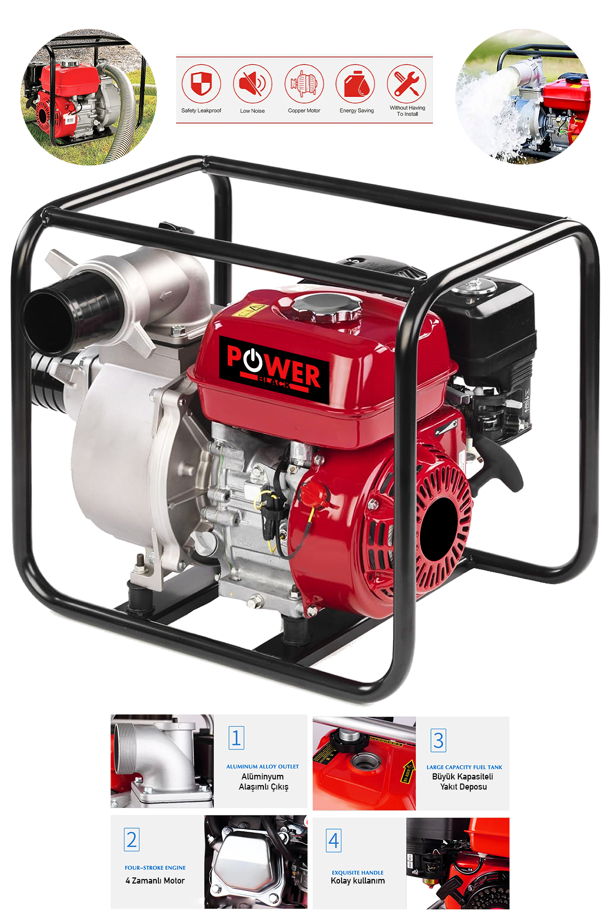 POWER BLACK Germant Yüksek Basınc 3 Inc Yakıt Cimrisi 6.5 Hp Benzinli Su Motoru 30 Metre Dik Basınç