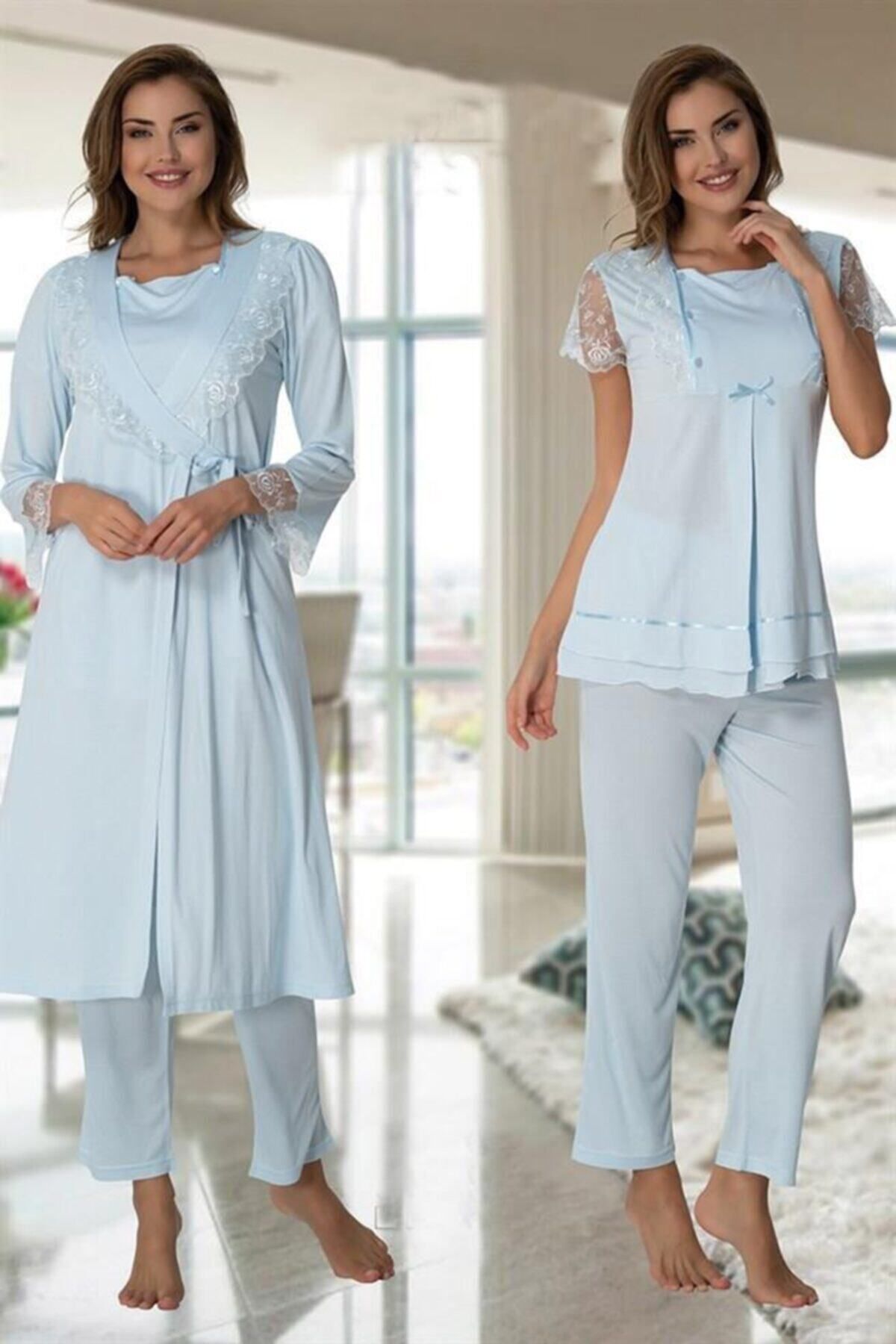 LOHOUSE Set Pijama Și Rochie De Maternitate Din Dantelă Albastră Pentru Alăptare Pentru Gravide Femeie - S