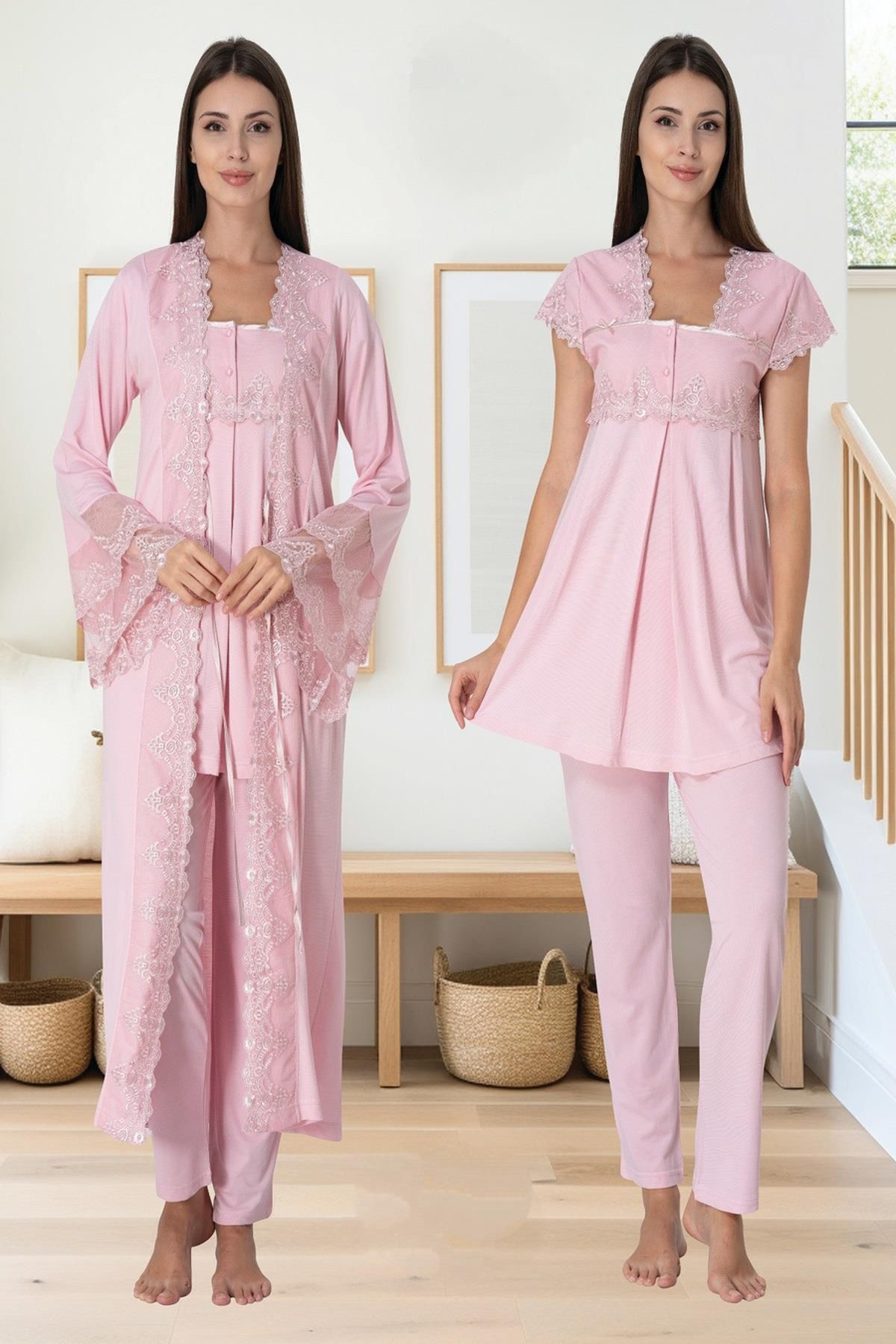 LOHOUSE Set Pijamale Și Rochii Pentru Femei De Culoare Pudra - Mâneci Prințesă, Bumbac, Pentru Gravide Și Postpartum Femeie - M
