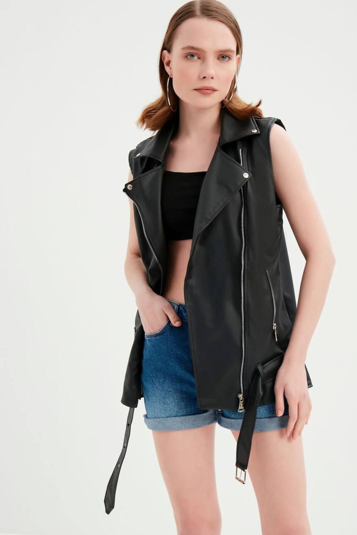 MEECY-Schwarze Biker-Oversize-Weste für Damen aus schwarzem Leder 3