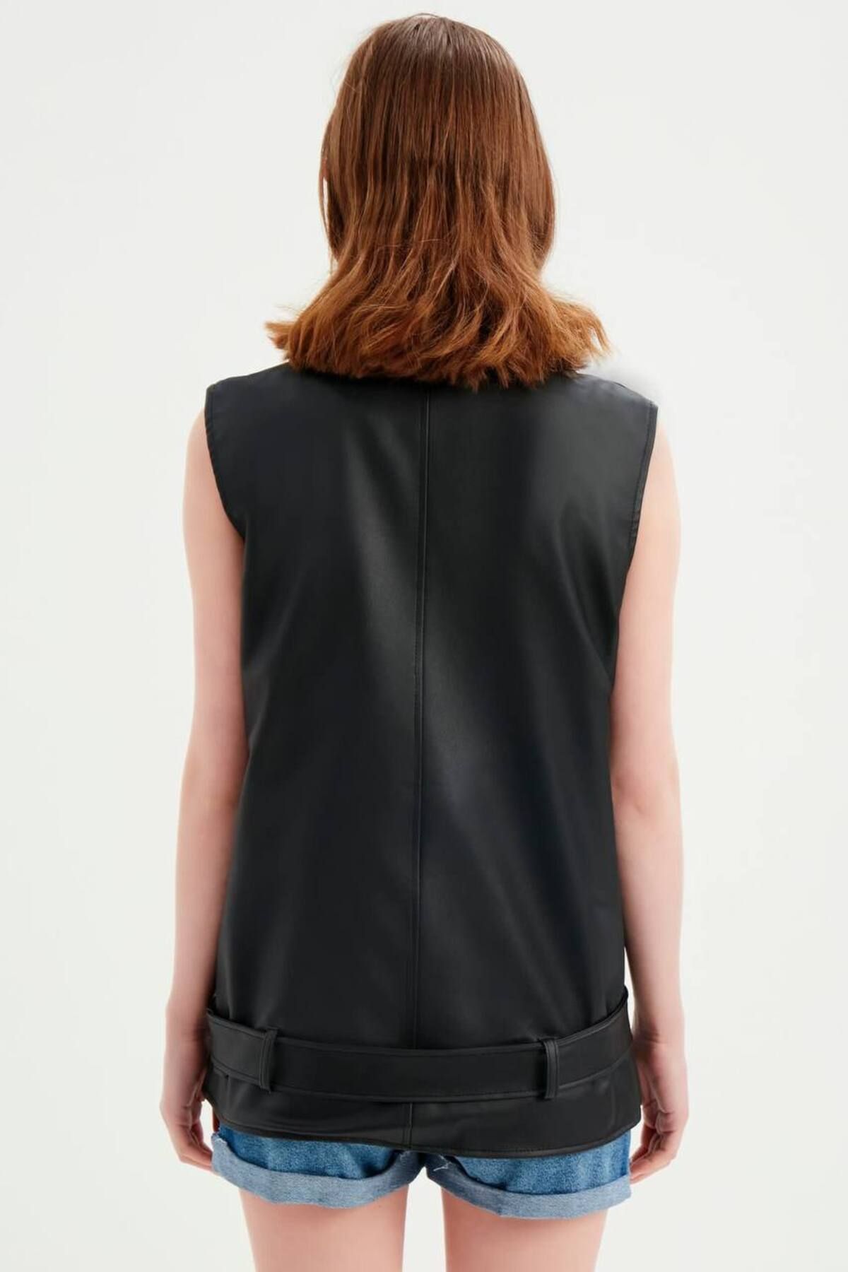 MEECY-Schwarze Biker-Oversize-Weste für Damen aus schwarzem Leder 4