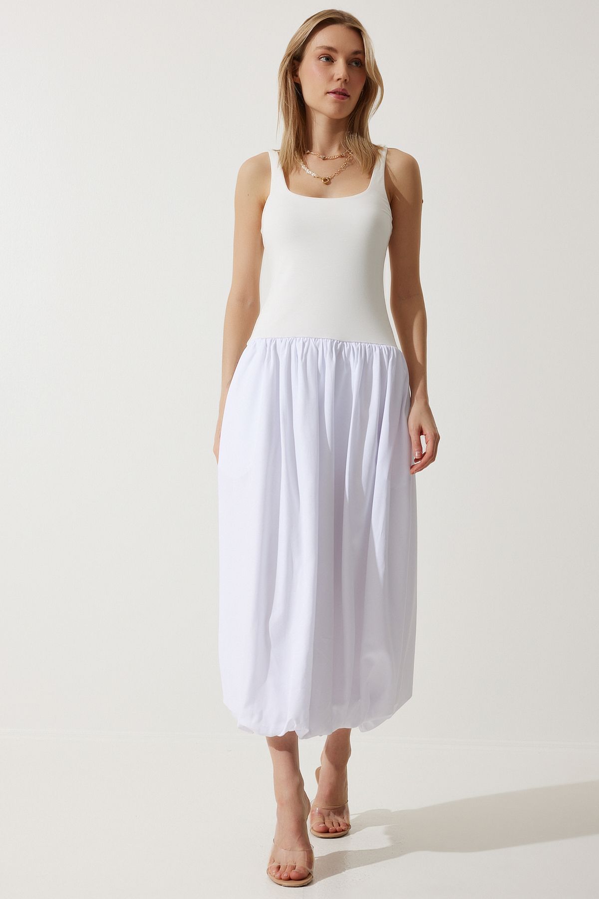 Happiness İstanbul-Women's White Balloon Midi Dress UB00276 3