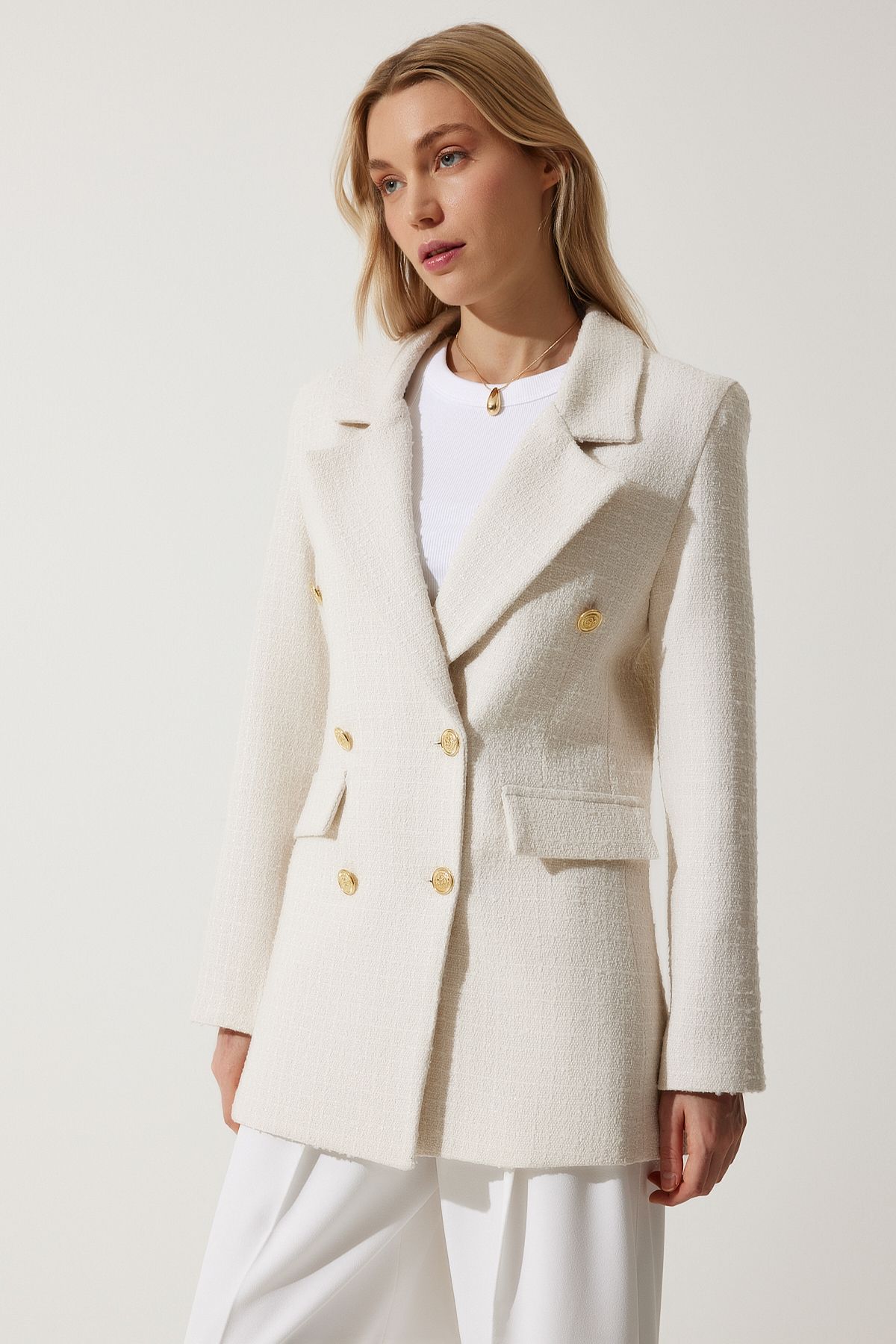 Happiness İstanbul-Damen Blazer mit Knochenknöpfen, Tweedjacke WF00004 9