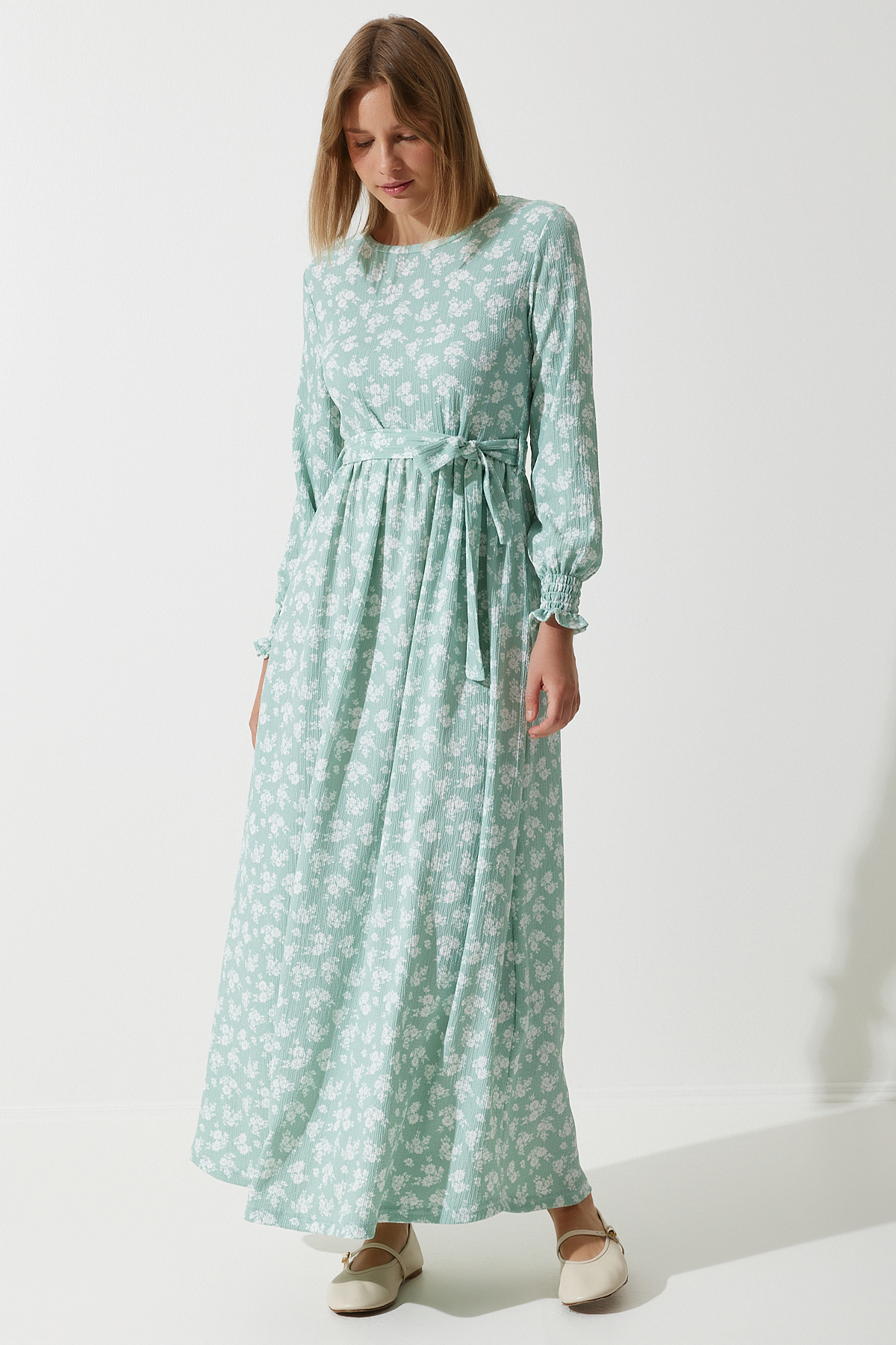 Happiness İstanbul Women's Water Green Floral Summer Long Knitted Dress DD01322