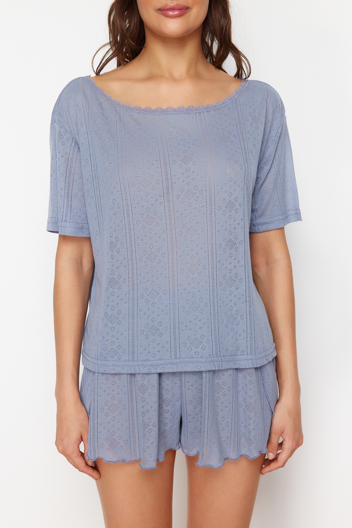 Trendyolmilla  Çok Renkli 2'li Paket Pointel Ajurlu/Delikli Örme Pijama Üstü THMSS24PT00276 - Görsel 4