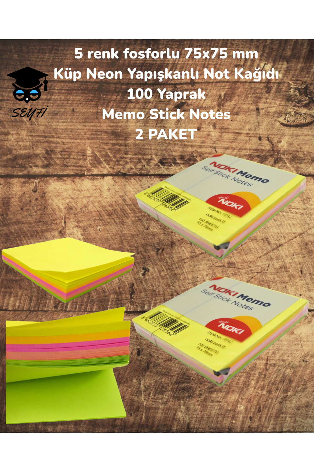 SEYFİKİRTASİYE 5 renk fosforlu 75x75 mm Küp Neon Yapışkanlı Not Kağıdı 100 Yaprak Memo Stick Notes