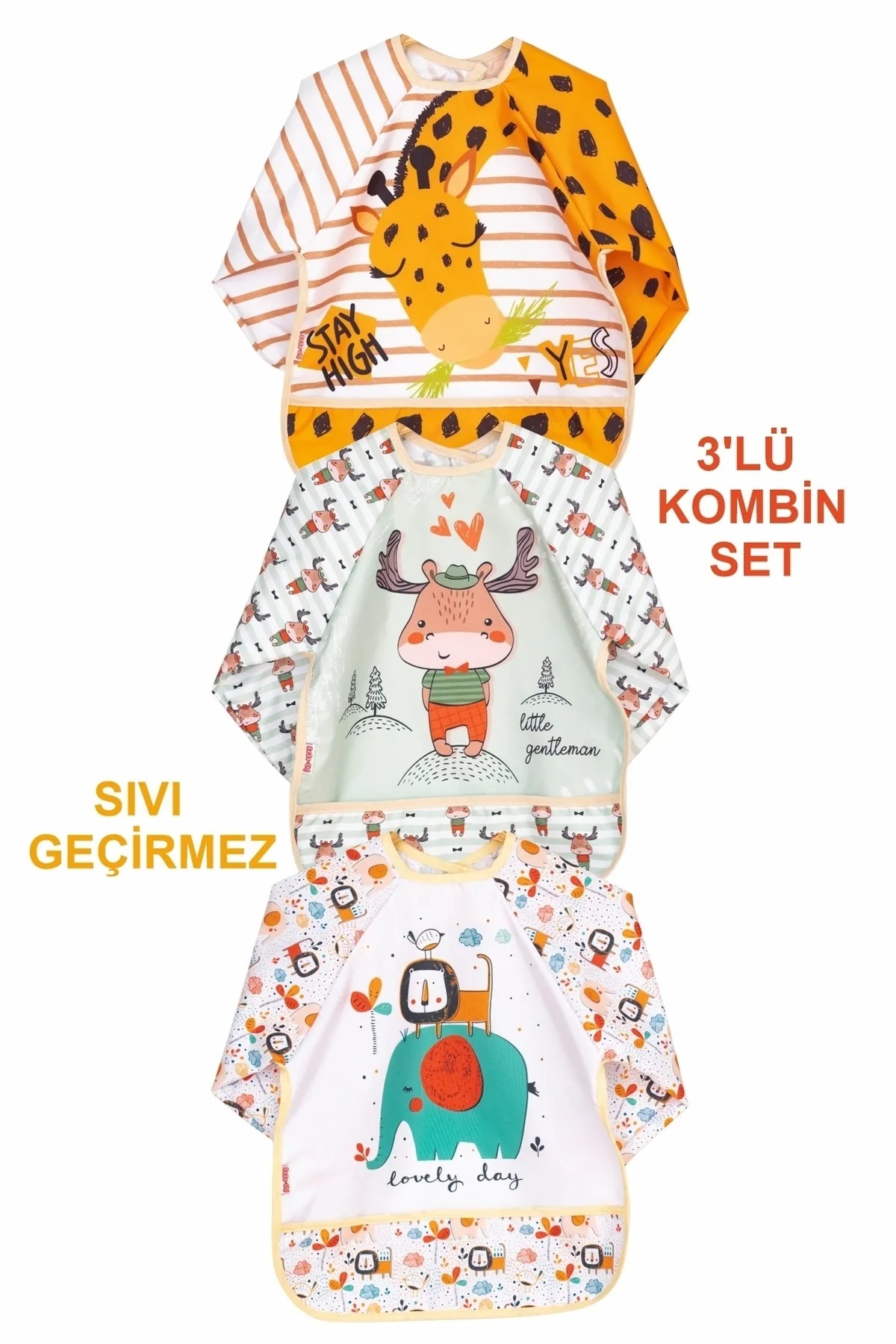 Genel Markalar BABY ENİA 3 Lü Kombin(ZÜRAFA-ASLAN-GEYİK) Set (SIVI GEÇİRMEZ) Mama Önlüğü
