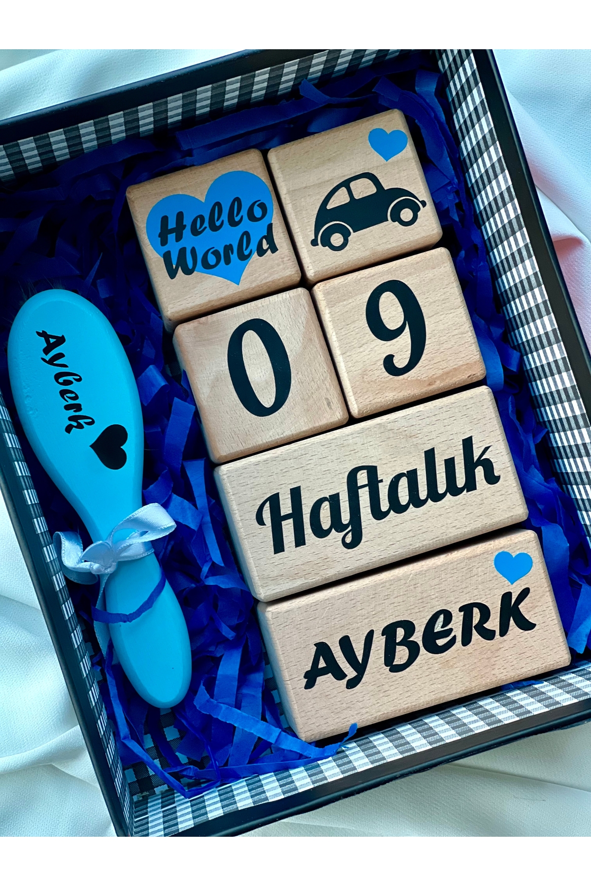 Mavi kalpli siyah yazılı anne bebek anı küpü seti bebek hediyelik çekim dekor aksesuarı