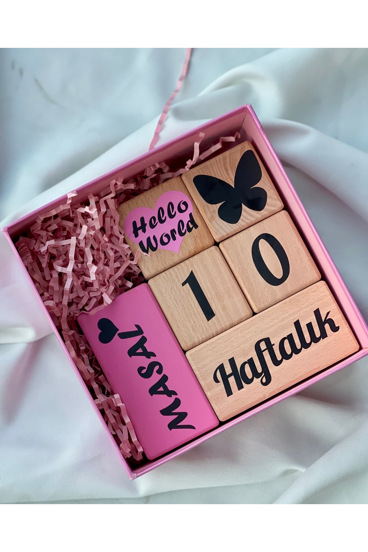 Pembe  kalpli siyah yazılı Anne bebek anı küpü bebek çekim aksesuarı hello world